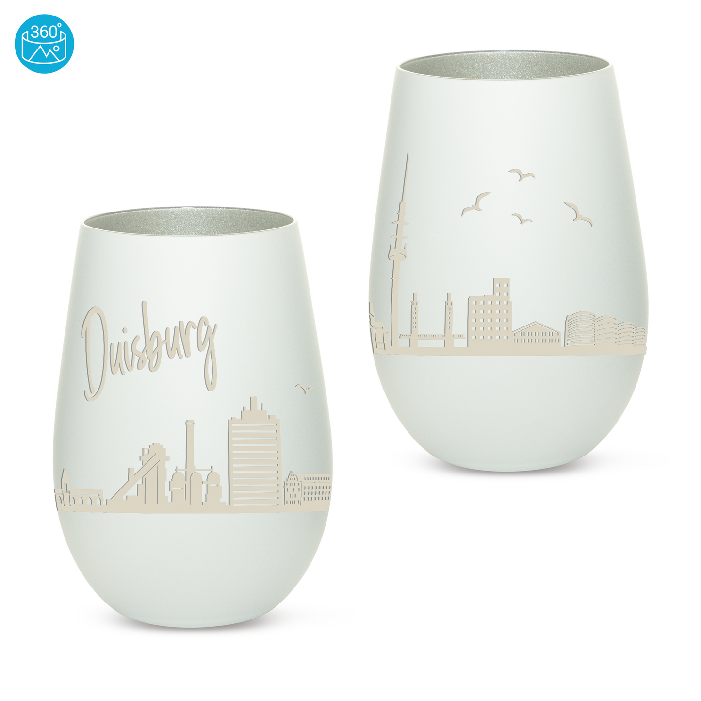 Hochwertiges Glas Windlicht mit Gravur "SKYLINE DUISBURG" in der Farbe Weiß/Silber
