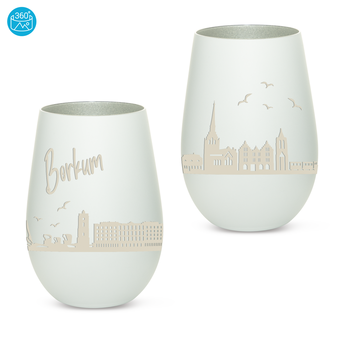 Hochwertiges Glas Windlicht mit Gravur "SKYLINE BORKUM" in der Farbe Weiß/Silber