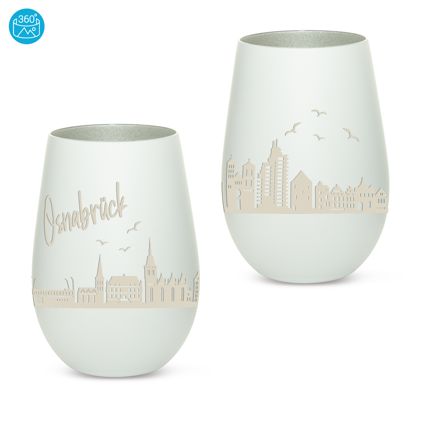 Hochwertiges Glas Windlicht mit Gravur "SKYLINE OSNABRÜCK" in der Farbe Weiß/Silber