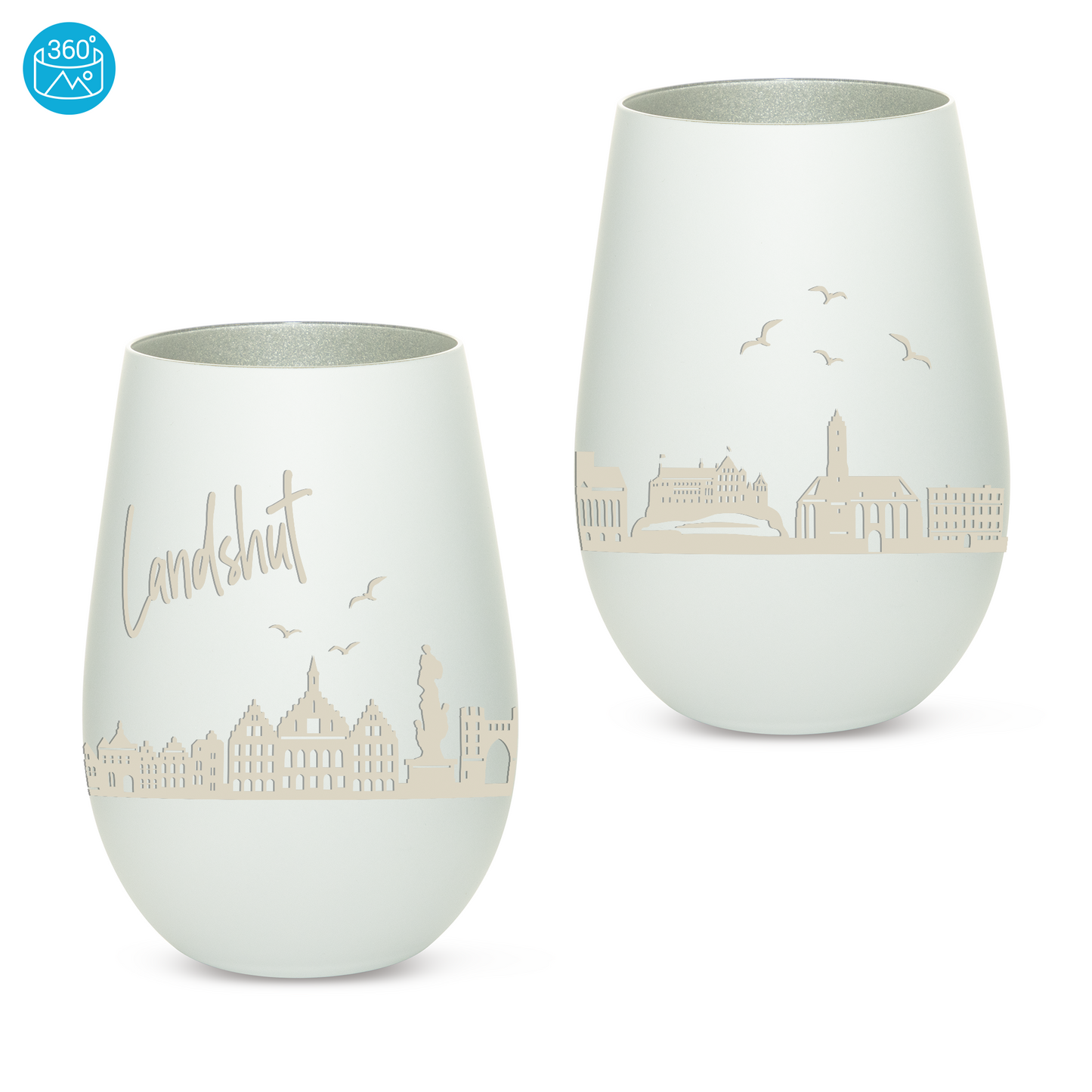 Hochwertiges Glas Windlicht mit Gravur "SKYLINE LANDSHUT" in der Farbe Weiß/Silber