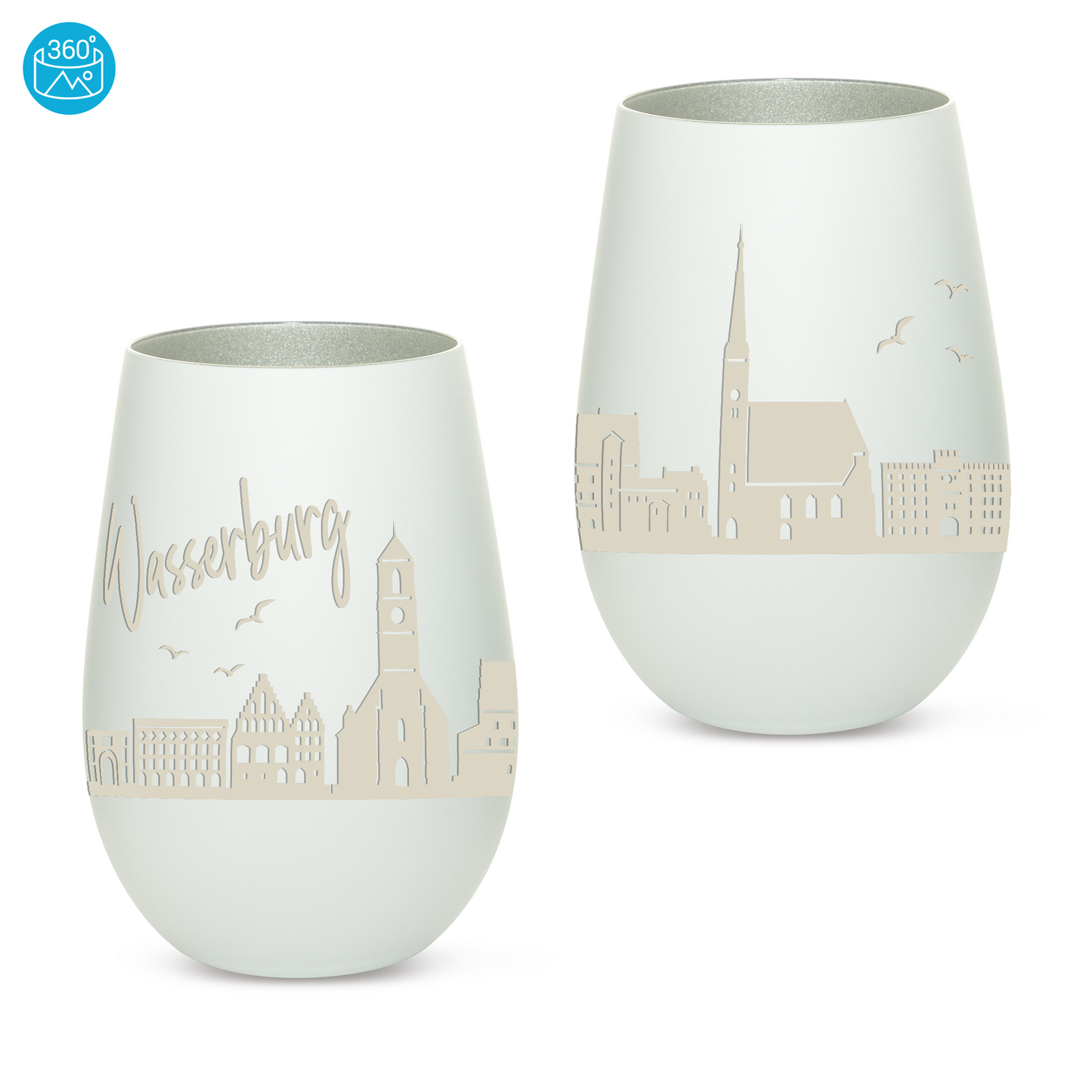 Hochwertiges Glas Windlicht mit Gravur "SKYLINE WASSERBURG" in der Farbe Weiß/Silber