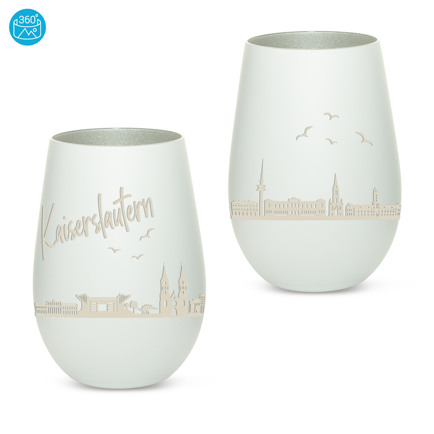 Hochwertiges Glas Windlicht mit Gravur "SKYLINE KAISERSLAUTERN" in der Farbe Weiß/Silber