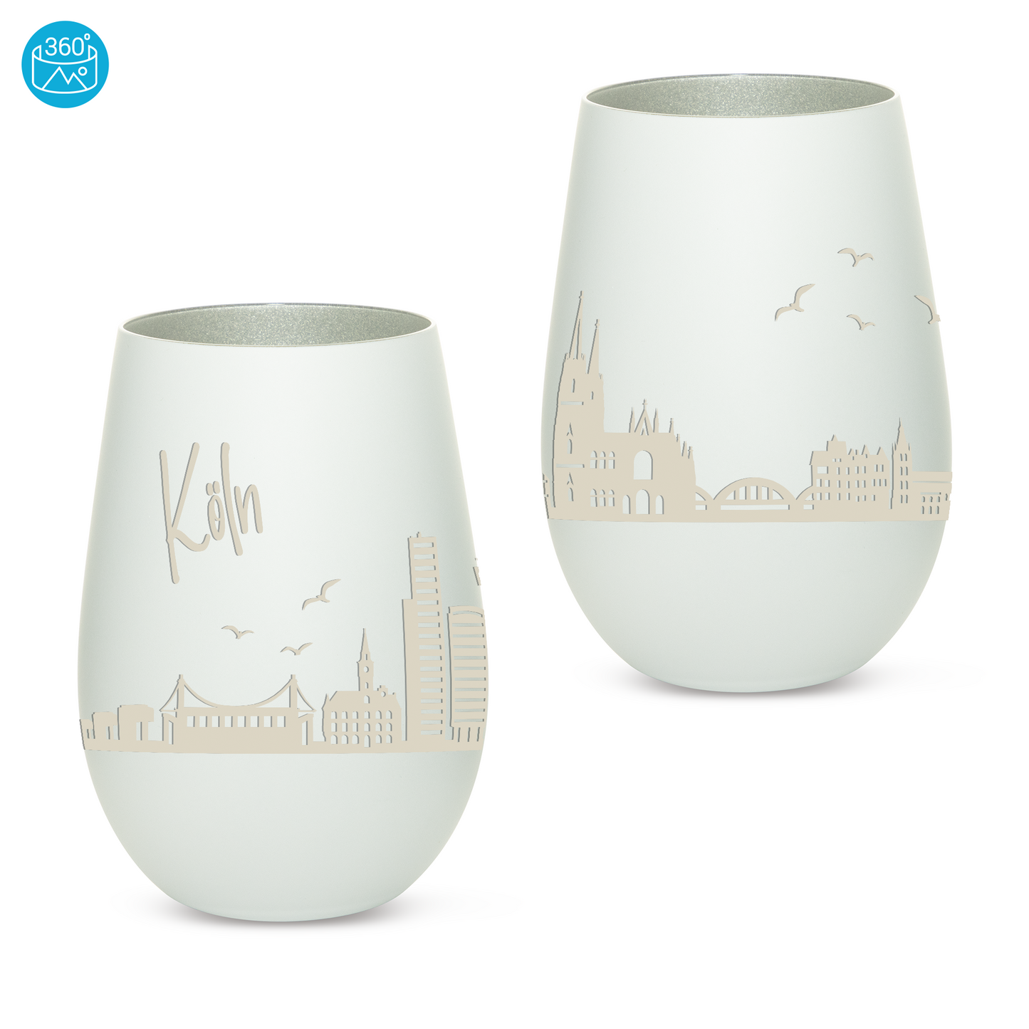 Hochwertiges Glas Windlicht mit Gravur "SKYLINE KÖLN" in der Farbe Weiß/Silber