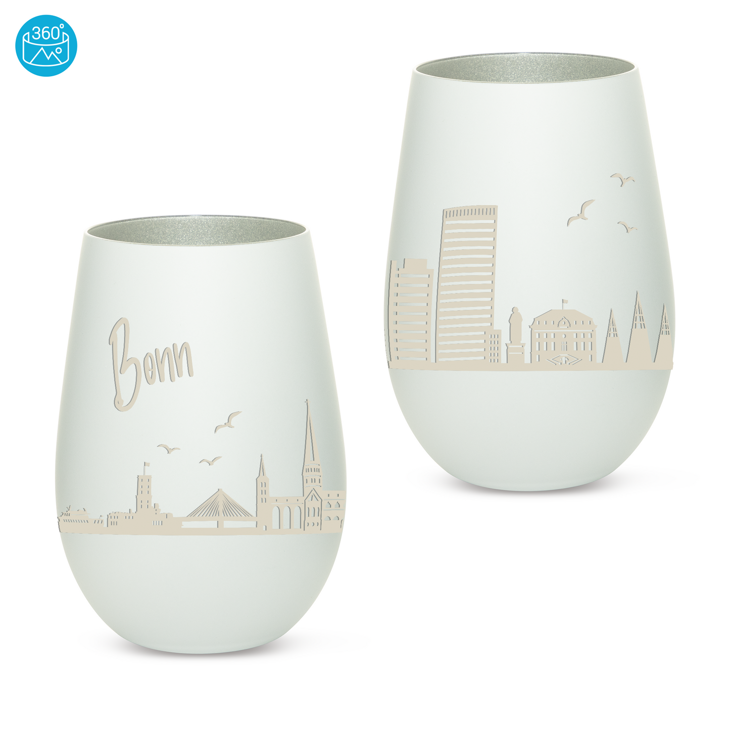 Hochwertiges Glas Windlicht mit Gravur "SKYLINE BONN" in der Farbe Weiß/Silber
