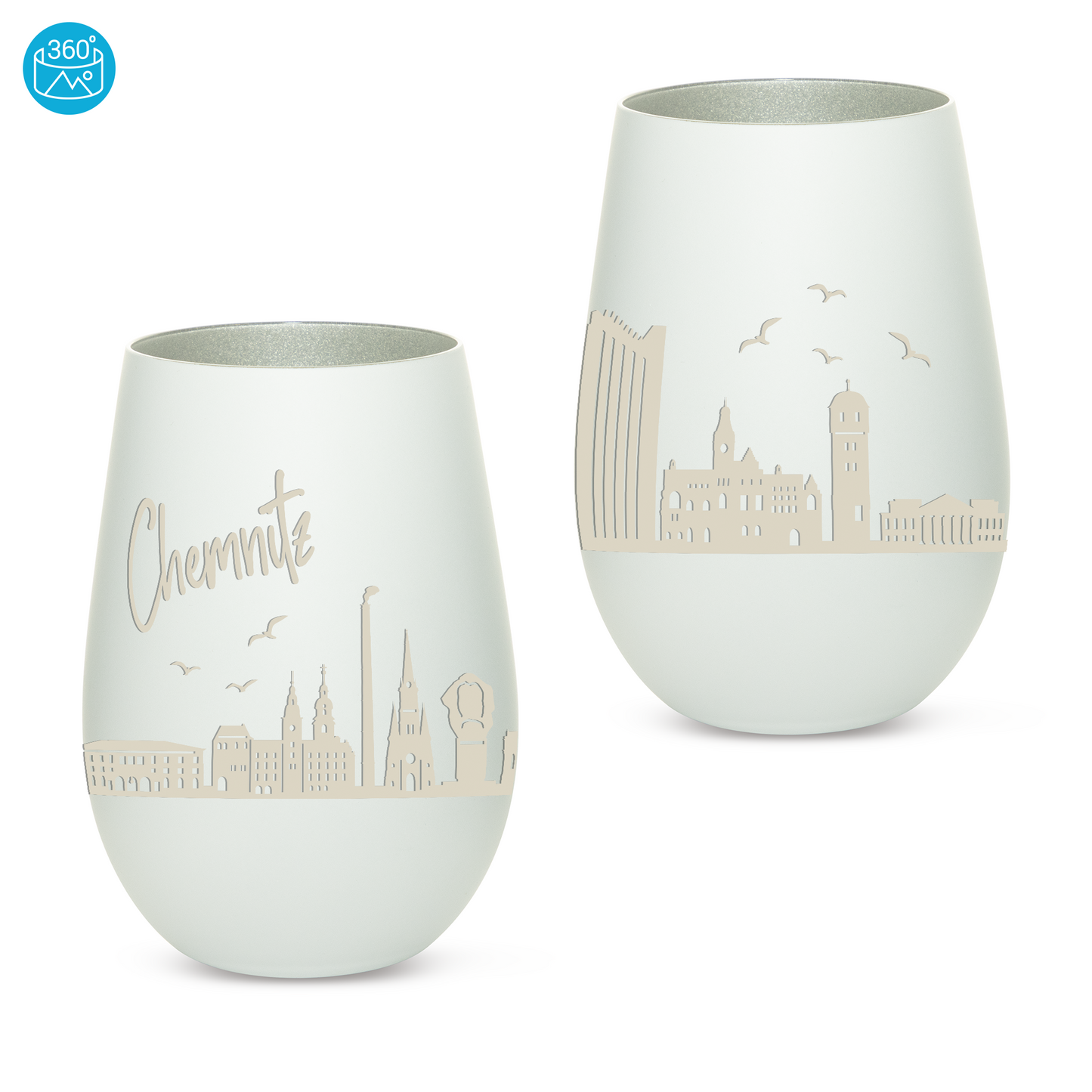 Hochwertiges Glas Windlicht mit Gravur "SKYLINE CHEMNITZ" in der Farbe Weiß/Silber
