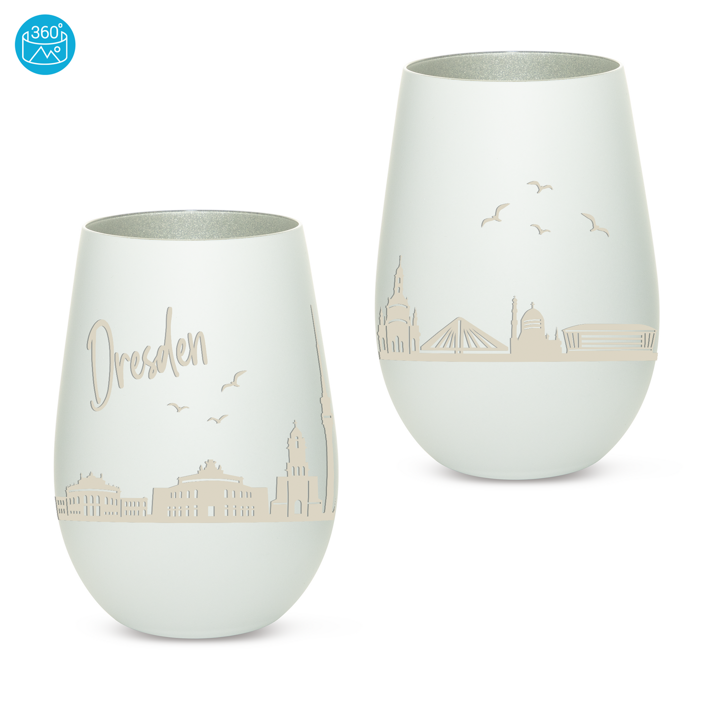 Hochwertiges Glas Windlicht mit Gravur "SKYLINE DRESDEN" in der Farbe Weiß/Silber