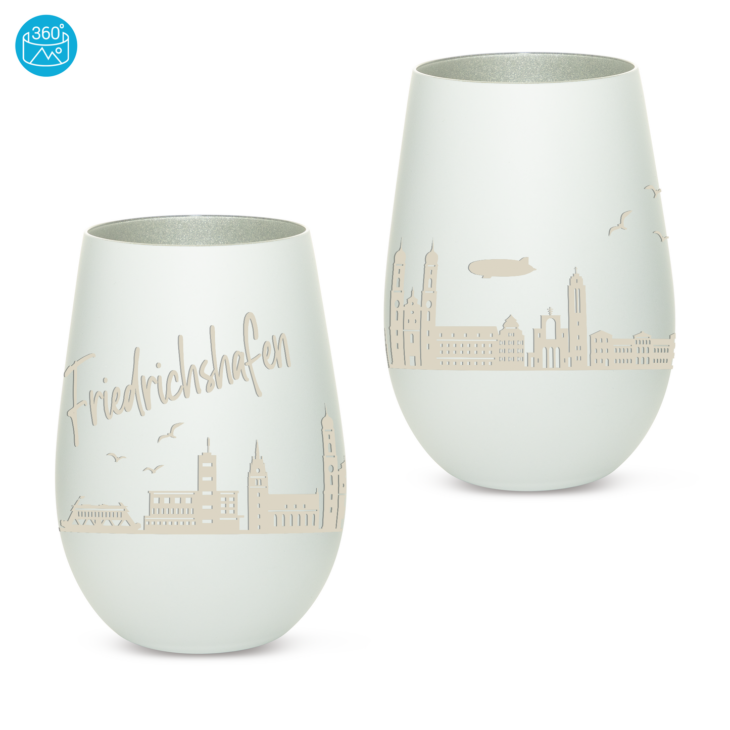 Hochwertiges Glas Windlicht mit Gravur "SKYLINE FRIEDRICHSHAFEN" in der Farbe Weiß/Silber