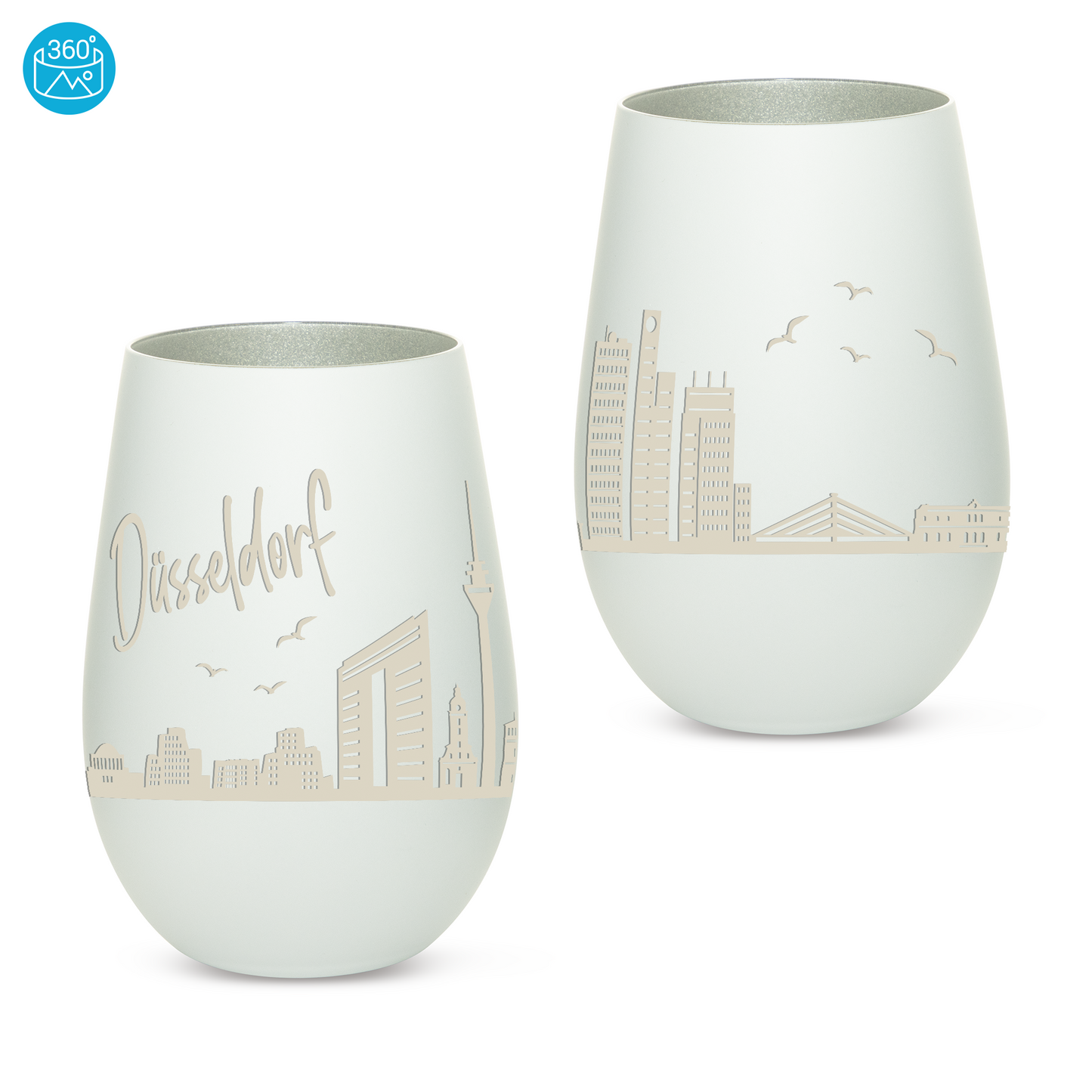 Hochwertiges Glas Windlicht mit Gravur "SKYLINE DÜSSELDORF" in der Farbe Weiß/Silber