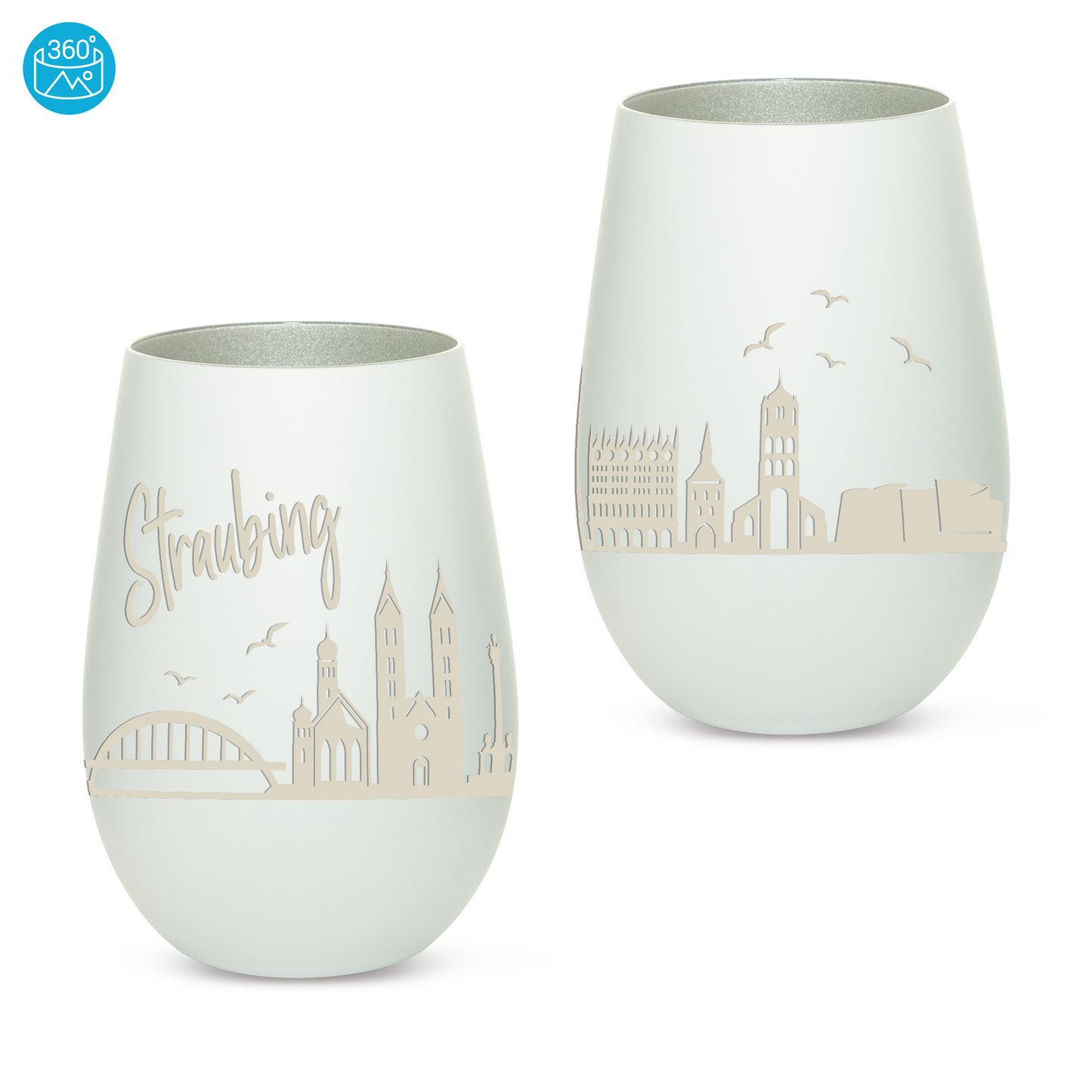 Hochwertiges Glas Windlicht mit Gravur "SKYLINE STRAUBING" in der Farbe Weiß/Silber