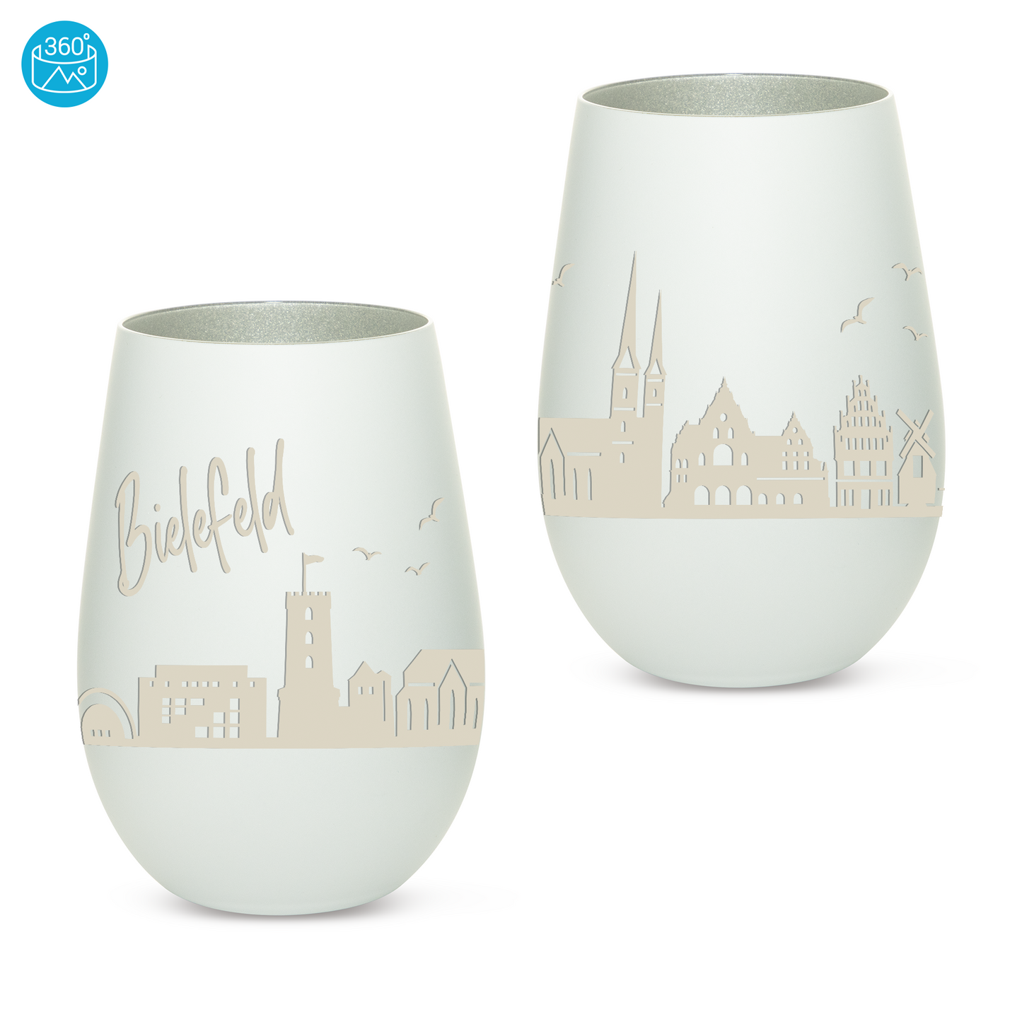 Hochwertiges Glas Windlicht mit Gravur "SKYLINE BIELEFELD" in der Farbe Weiß/Silber