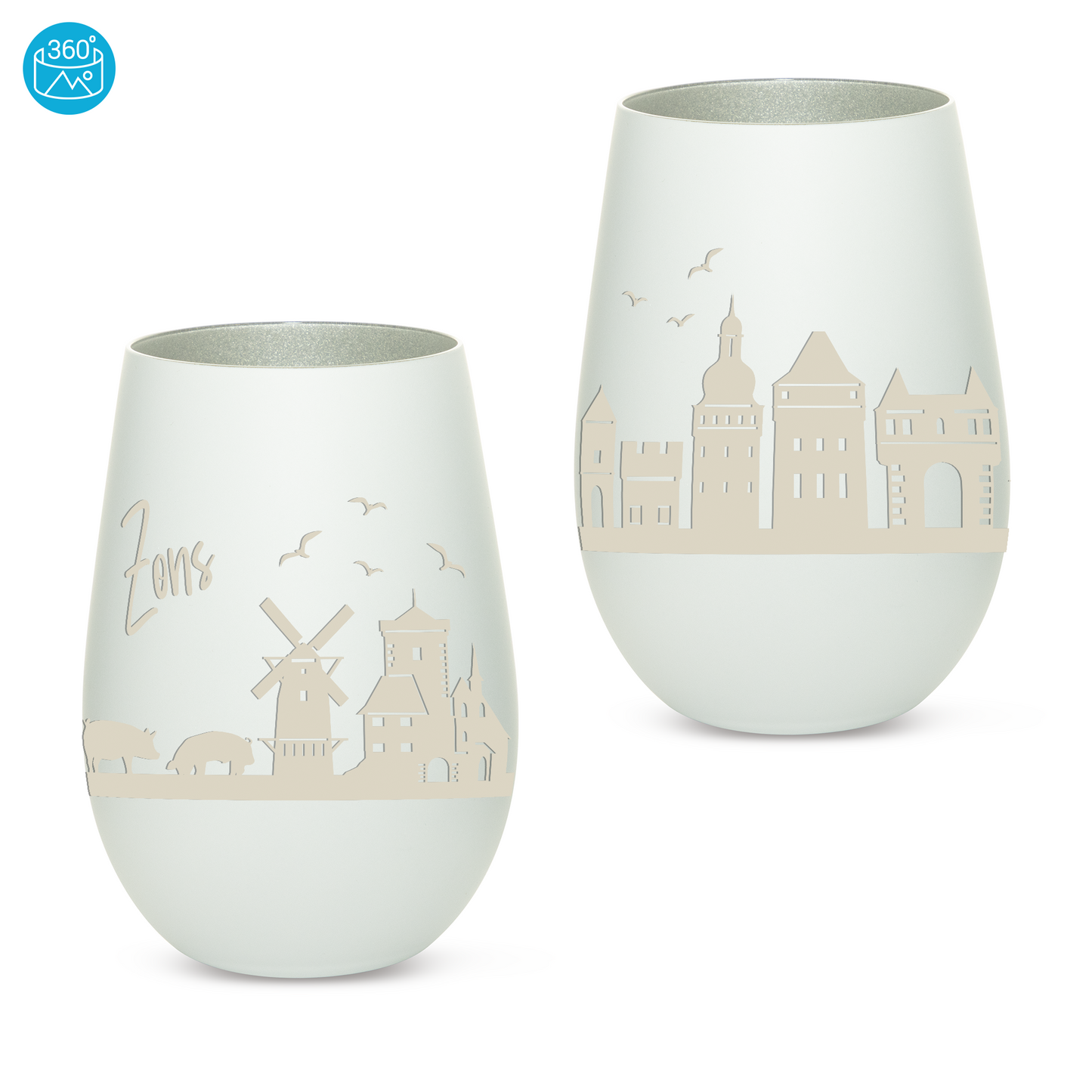 Hochwertiges Glas Windlicht mit Gravur "SKYLINE ZONS (DORMAGEN)" in der Farbe Weiß/Silber