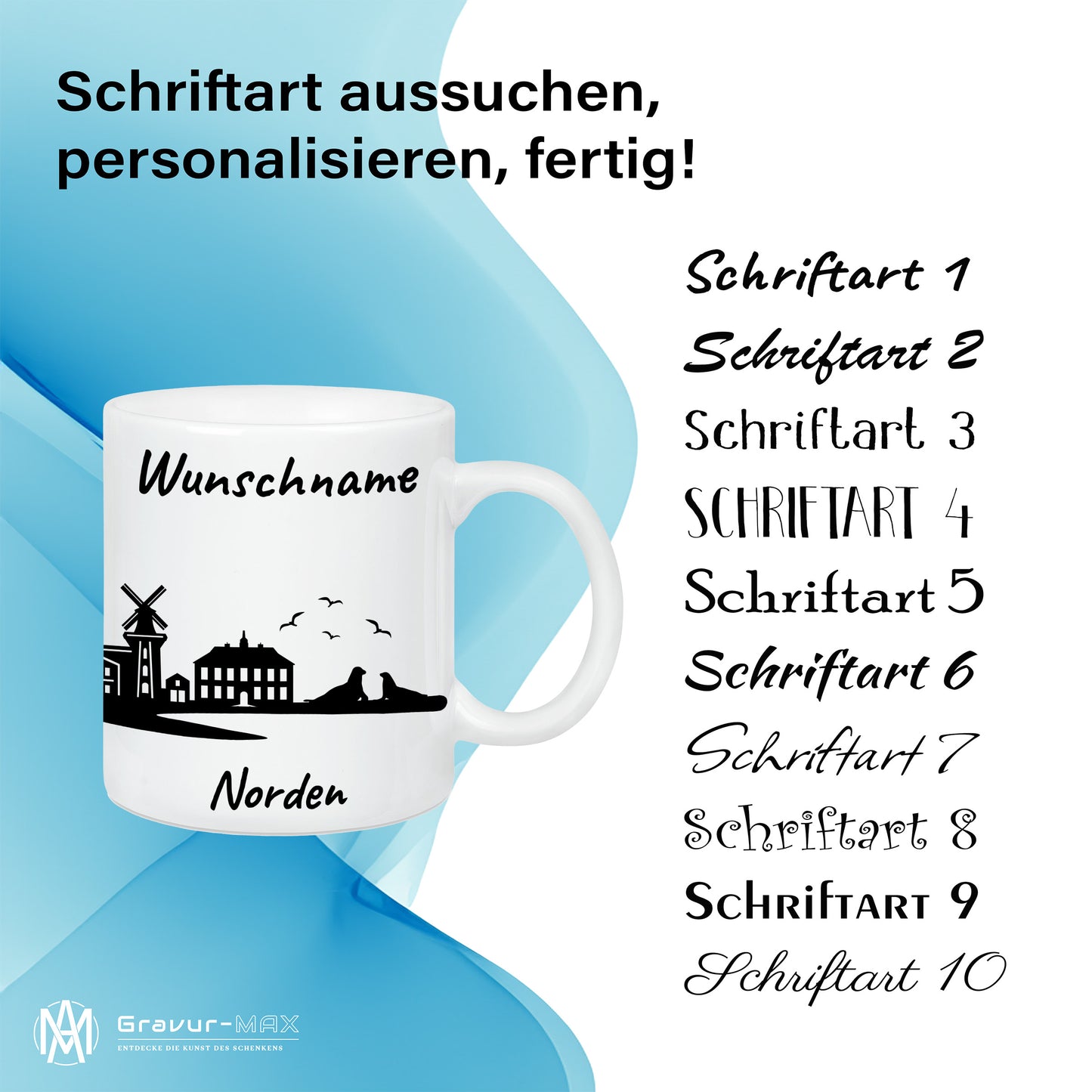 Tasse in Weiß 330ml bedruckt mit der Skyline von Norden personalisierbar mit Wunschname