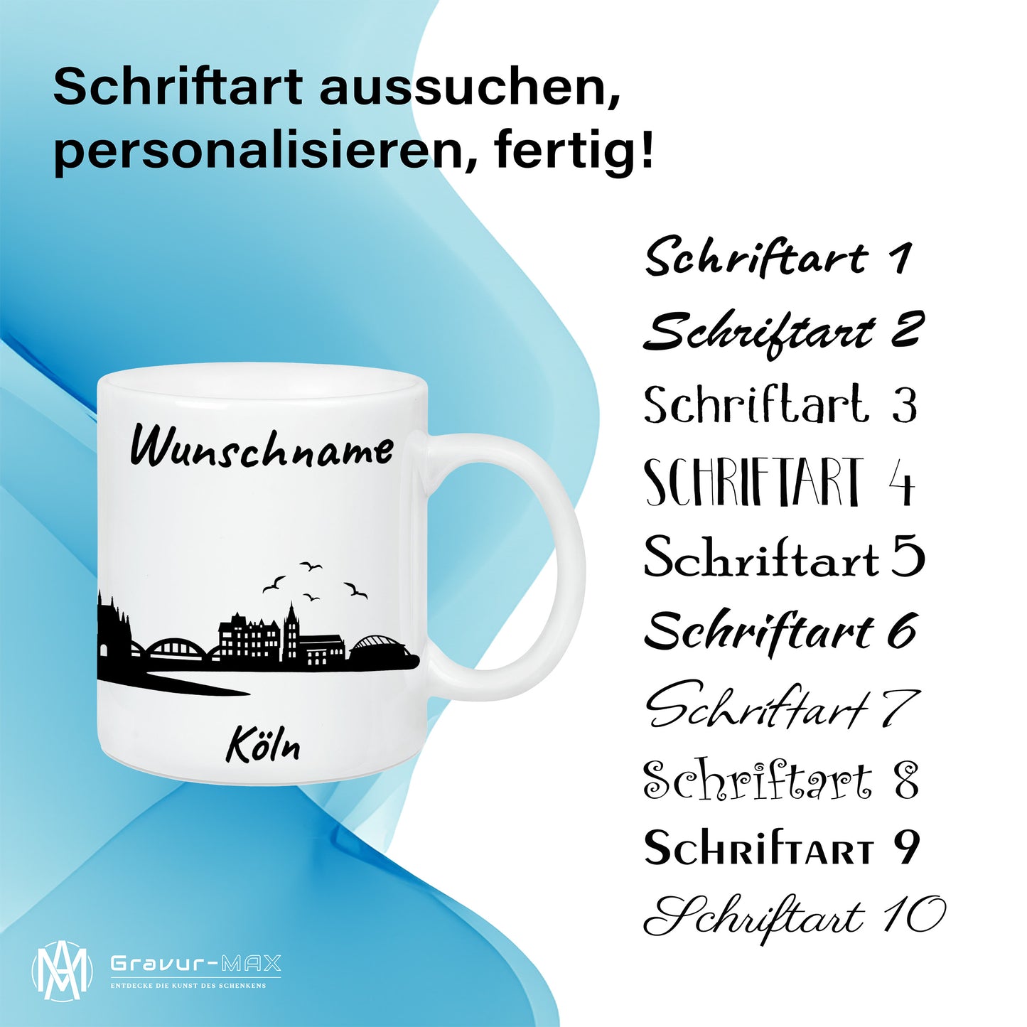 Tasse in Weiß 330ml bedruckt mit der Skyline von Köln personalisierbar mit Wunschname