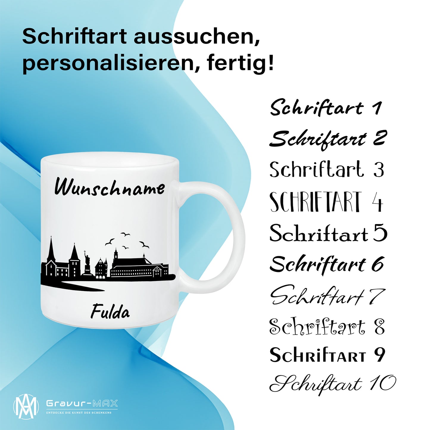 Tasse in Weiß 330ml bedruckt mit der Skyline von Fulda personalisierbar mit Wunschname
