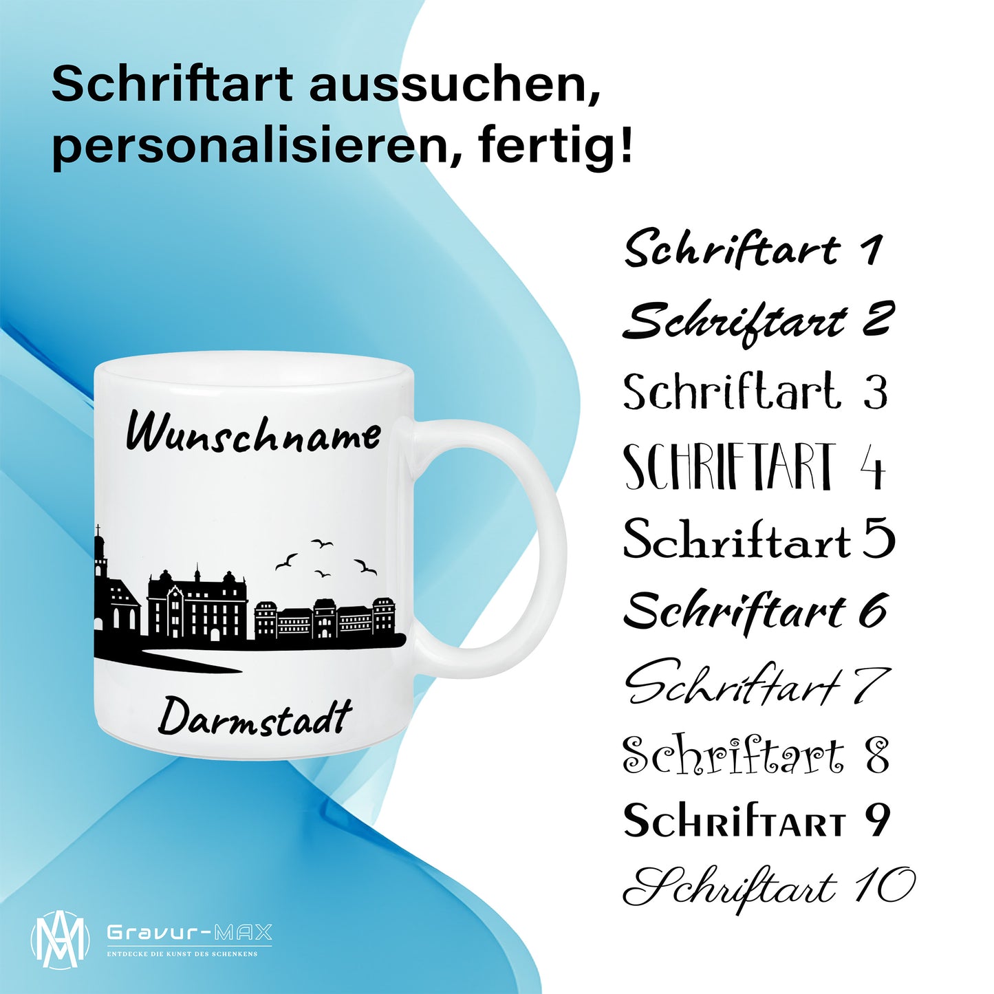 Tasse in Weiß 330ml bedruckt mit der Skyline von Darmstadt personalisierbar mit Wunschname