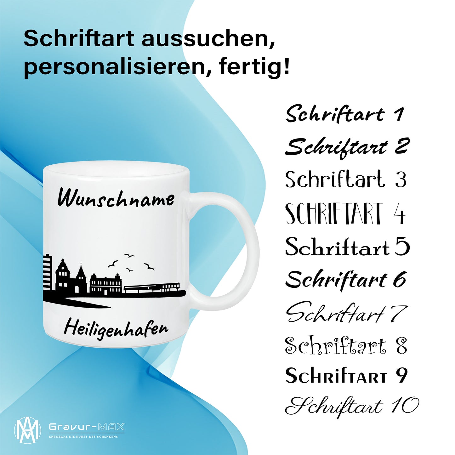 Tasse in Weiß 330ml bedruckt mit der Skyline von Heiligenhafen personalisierbar mit Wunschname