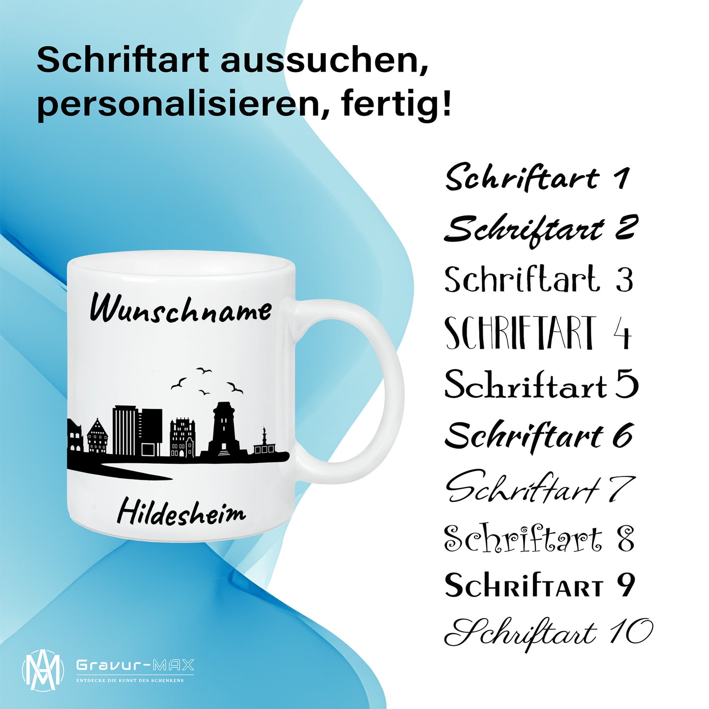 Tasse in Weiß 330ml bedruckt mit der Skyline von Hildesheim personalisierbar mit Wunschname