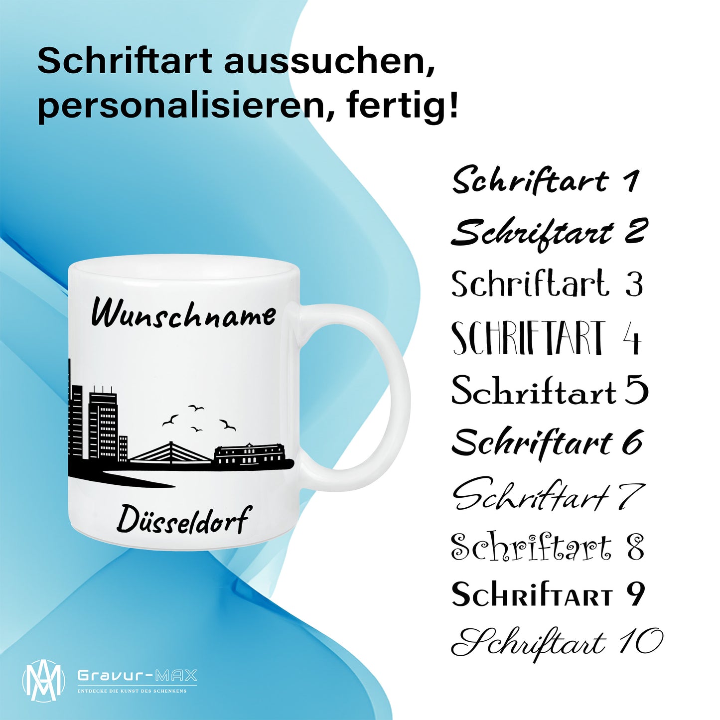 Tasse in Weiß 330ml bedruckt mit der Skyline von Düsseldorf personalisierbar mit Wunschname