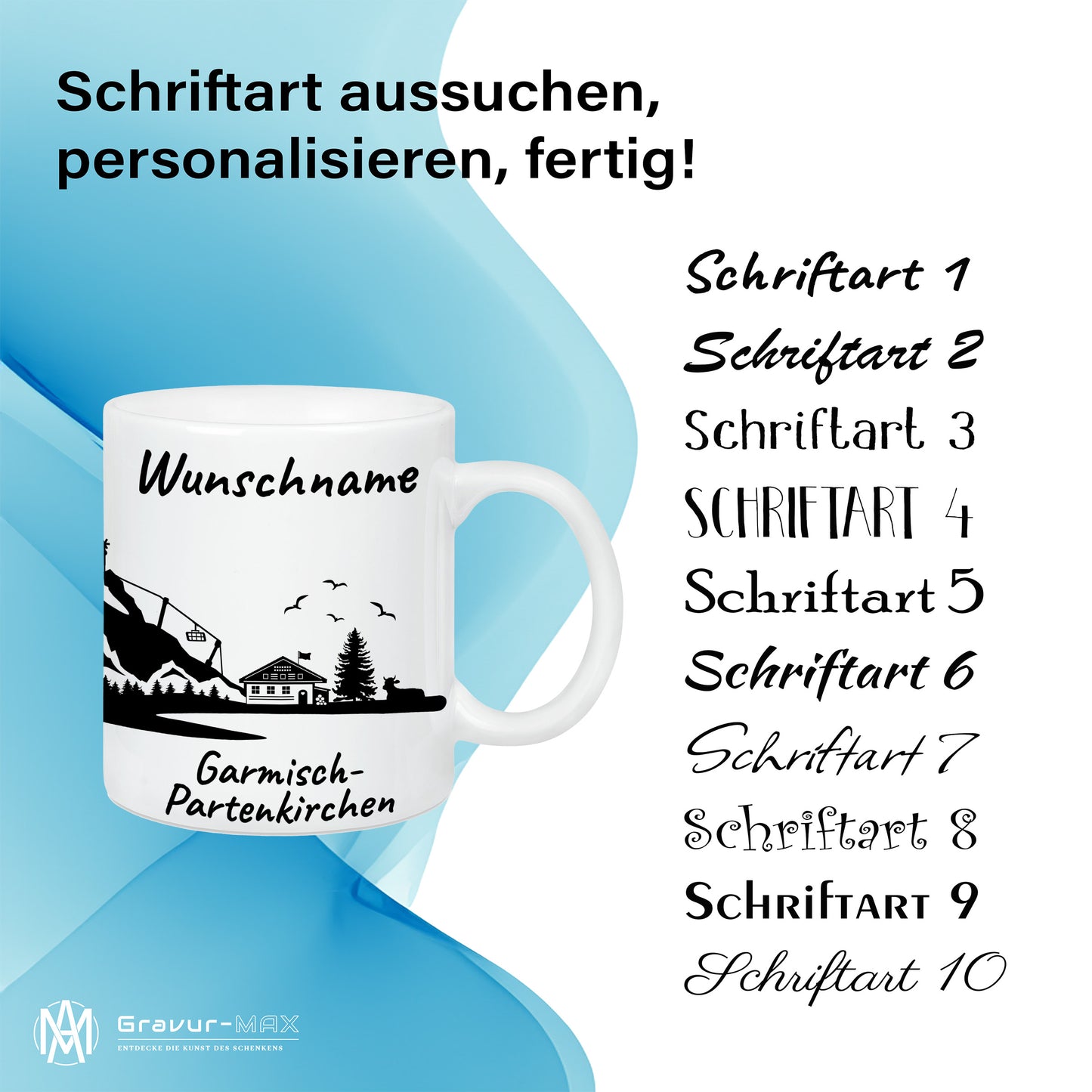 Tasse in Weiß 330ml bedruckt mit der Skyline von Garmisch-Partenkirchen personalisierbar mit Wunschname