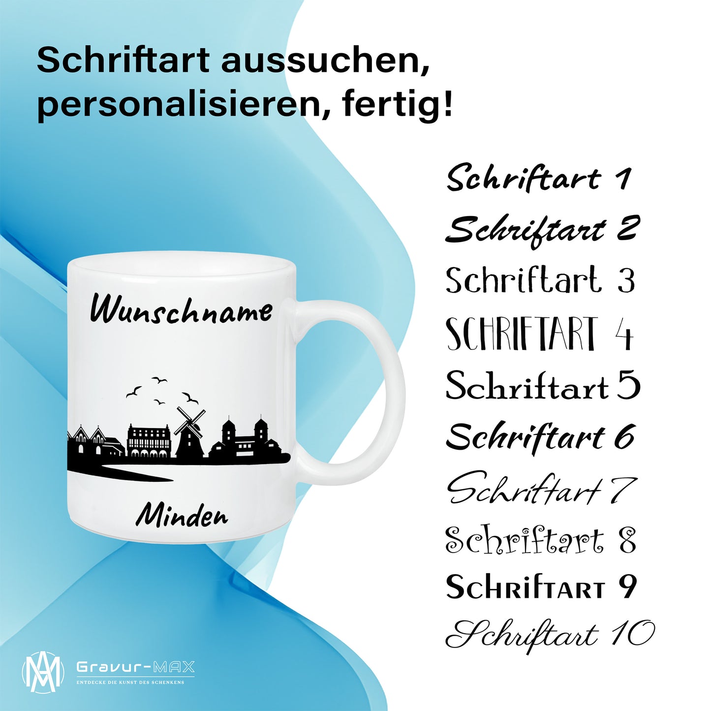 Tasse in Weiß 330ml bedruckt mit der Skyline von Minden personalisierbar mit Wunschname