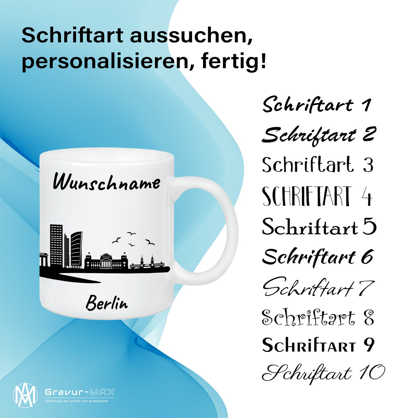 Tasse in Weiß 330ml bedruckt mit der Skyline von Berlin personalisierbar mit Wunschname