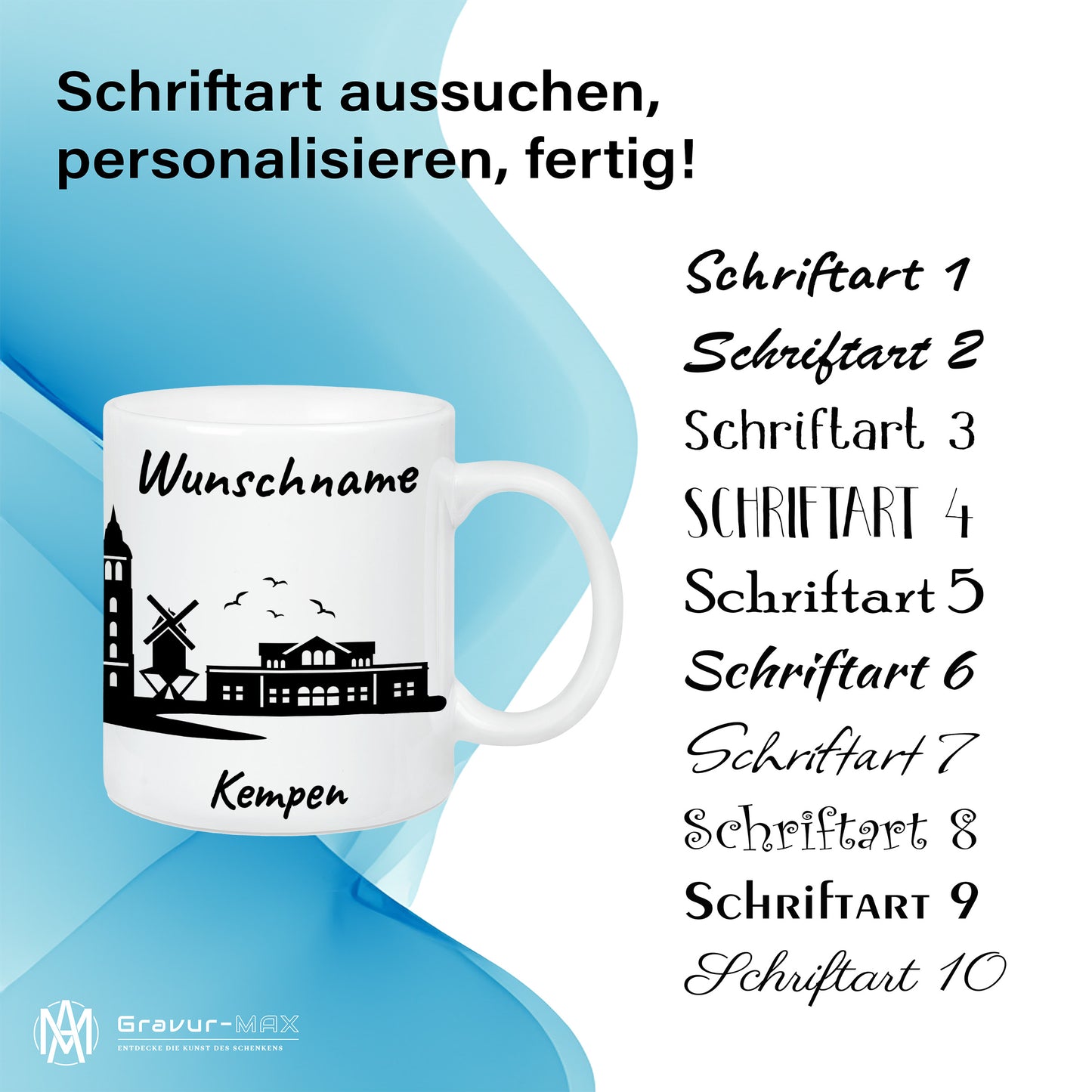 Tasse in Weiß 330ml bedruckt mit der Skyline von Kempen personalisierbar mit Wunschname