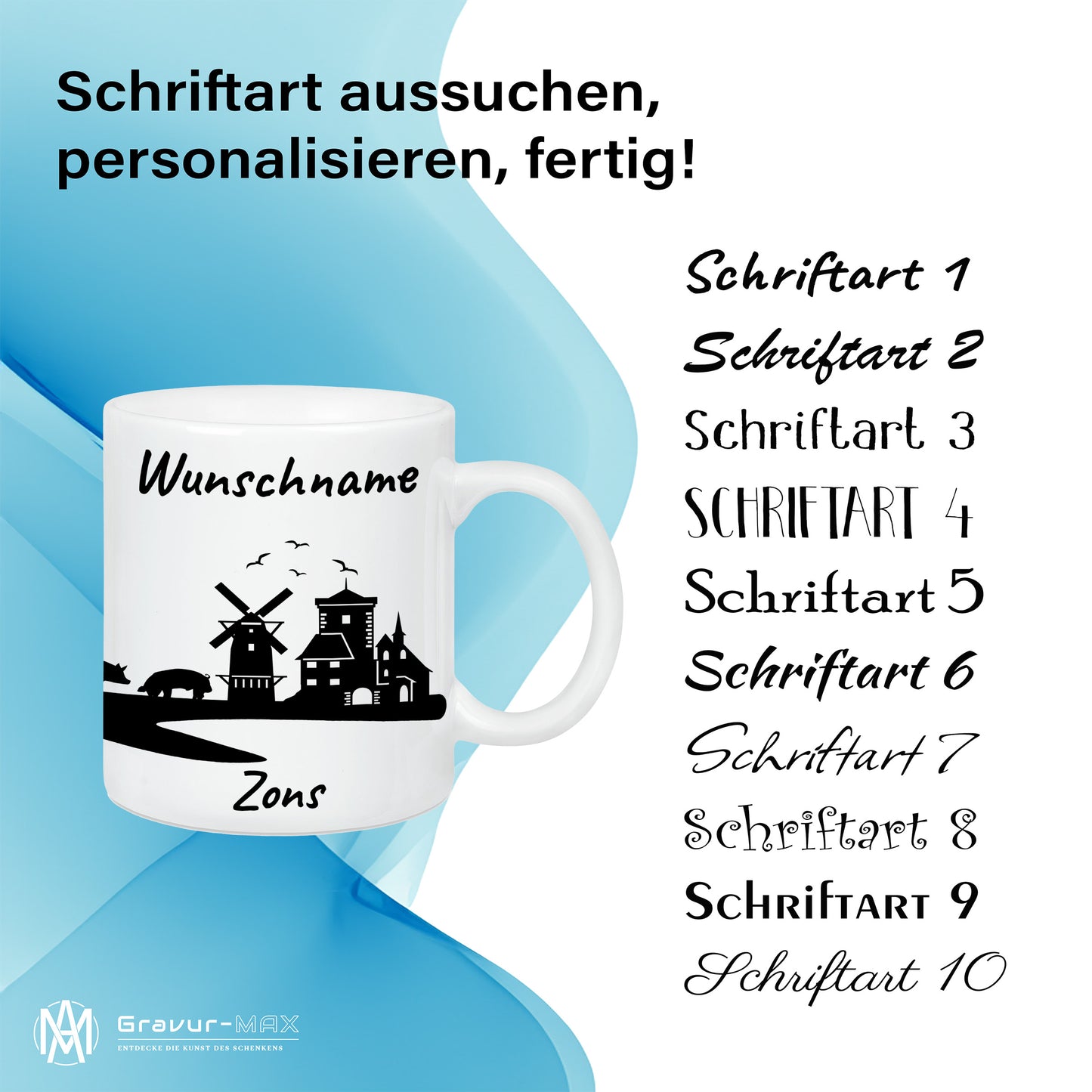 Tasse in Weiß 330ml bedruckt mit der Skyline von Zons (Dormagen) personalisierbar mit Wunschname