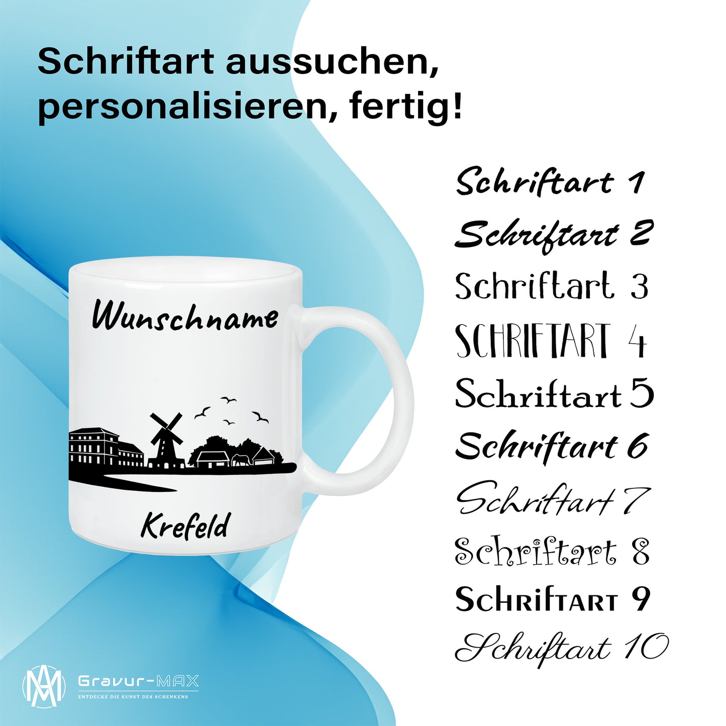 Tasse in Weiß 330ml bedruckt mit der Skyline von Krefeld personalisierbar mit Wunschname