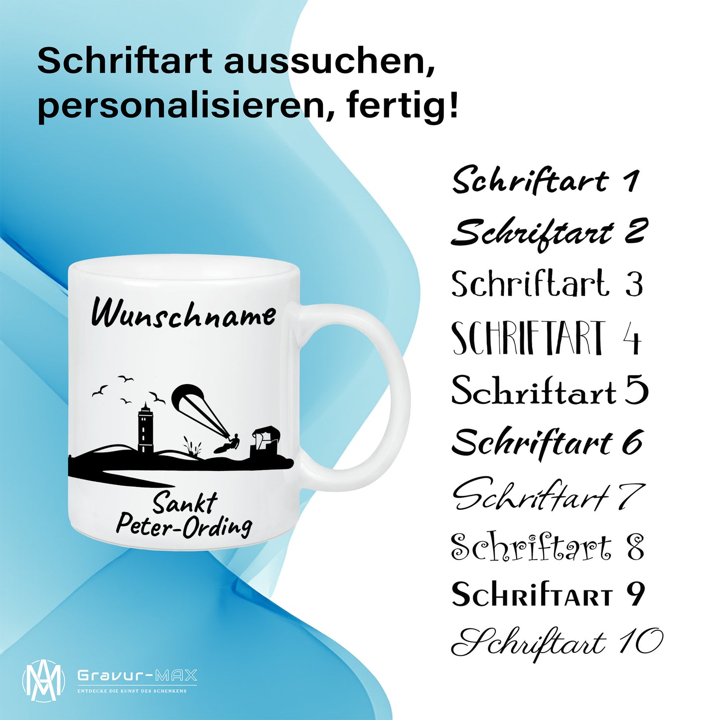 Tasse in Weiß 330ml bedruckt mit der Skyline von Sankt Peter-Ording personalisierbar mit Wunschname
