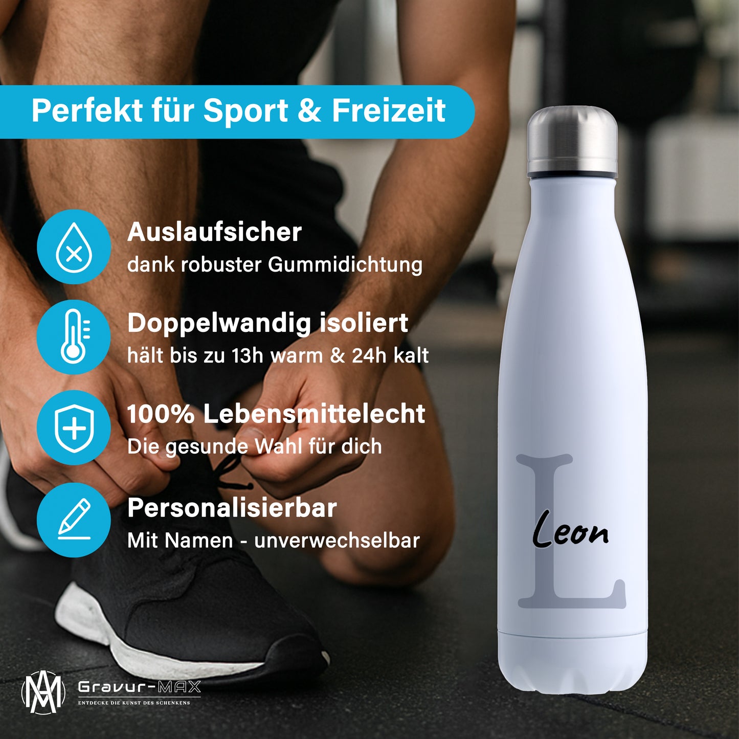 Thermoflasche 500ml aus Edelstahl in Weiß personalisierbar mit Wunschname auslaufsichere Trinkflasche