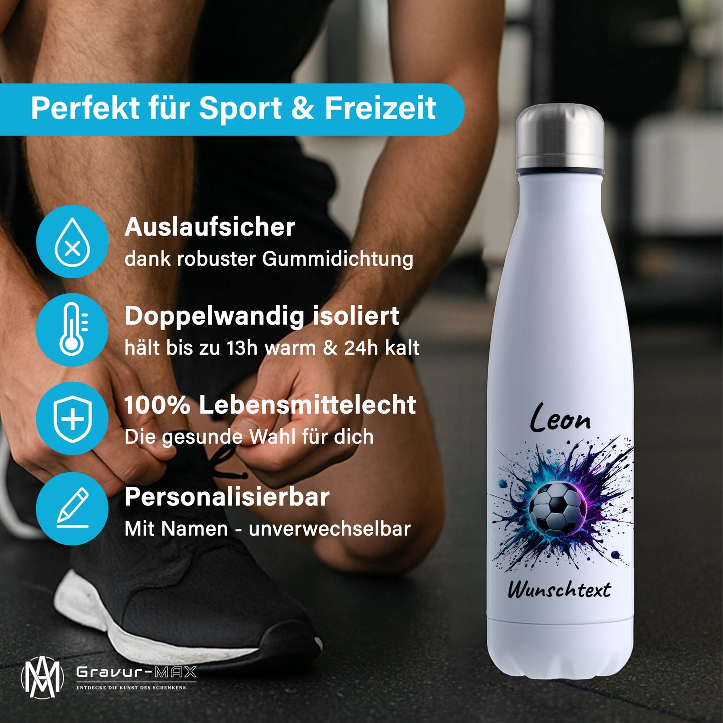Thermoflasche 500ml in Weiß aus Edelstahl bedruckt "Fußball" Motiv10 personalisierbar mit Wunschname & Text