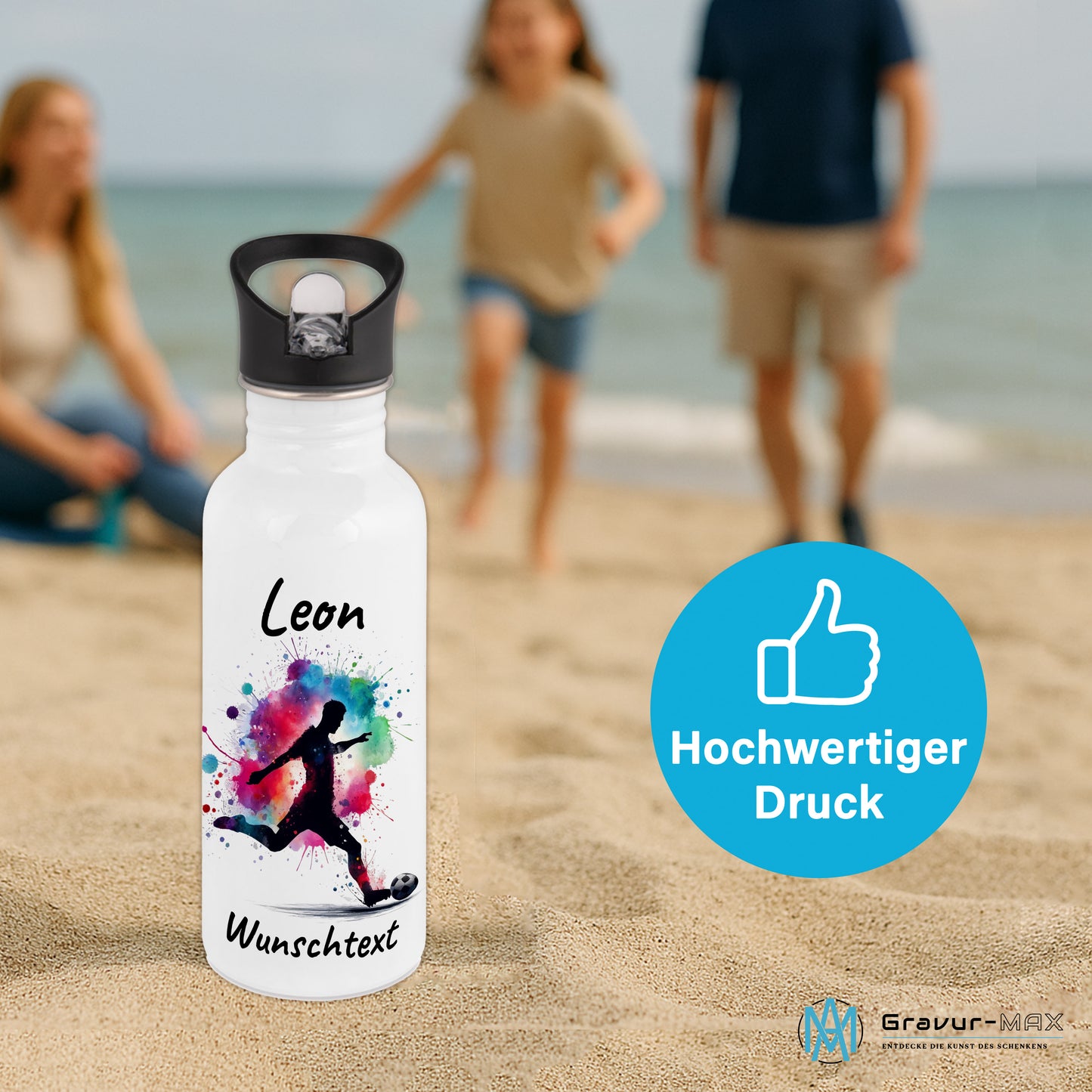 Trinkflasche mit Strohhalm in Weiß 600ml bedruckt mit Fußball Motiven"Motiv4" personalisierbar für Kinder mit Wunschname aus Edelstahl