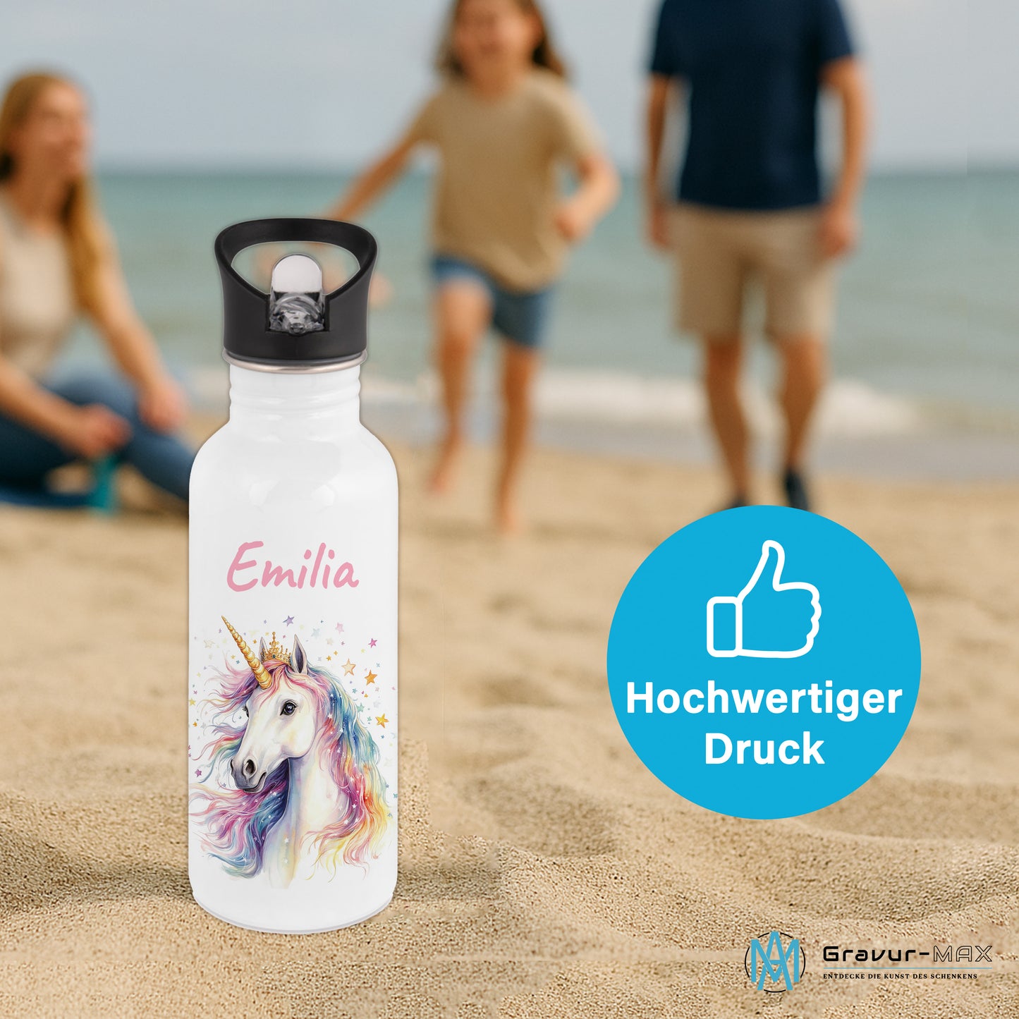 Trinkflasche mit Strohhalm in Weiß 600ml bedruckt mit tollen Motiven für Kinder "Einhorn" personalisierbar für Kinder mit Wunschname aus Edelstahl