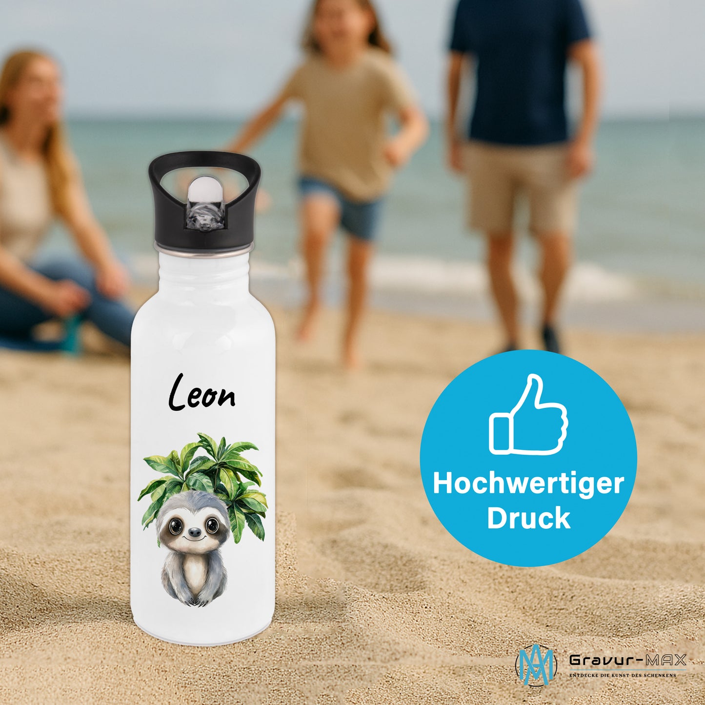 Trinkflasche mit Strohhalm in Weiß 600ml bedruckt mit Dschungel Tieren"Faultier" personalisierbar für Kinder mit Wunschname aus Edelstahl