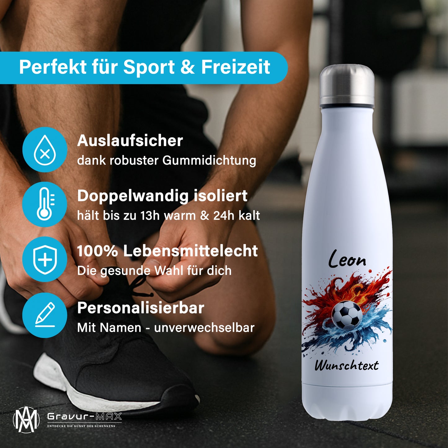 Thermoflasche 500ml in Weiß aus Edelstahl bedruckt "Fußball" Motiv12 personalisierbar mit Wunschname & Text