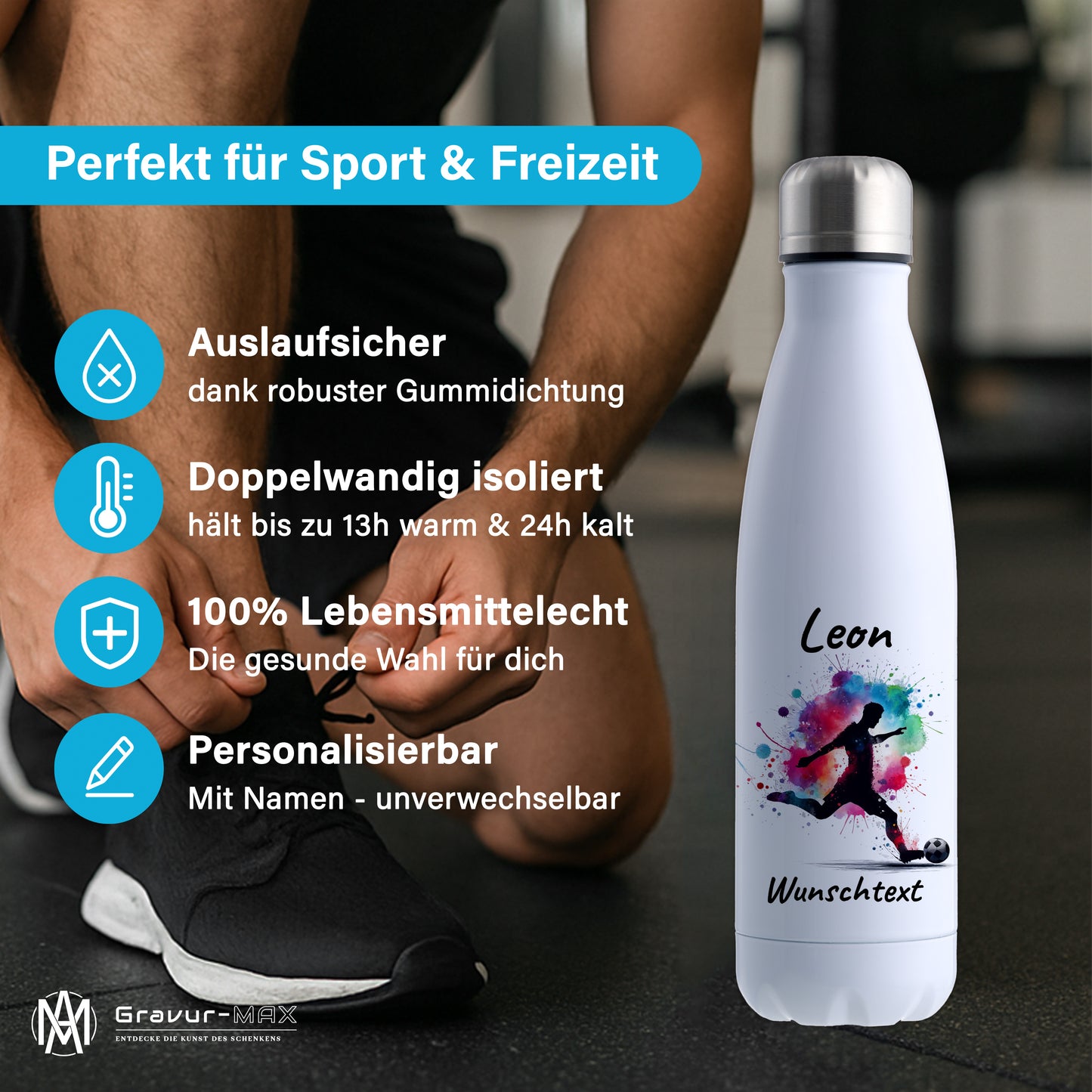 Thermoflasche 500ml in Weiß aus Edelstahl bedruckt "Fußball" Motiv4 personalisierbar mit Wunschname & Text