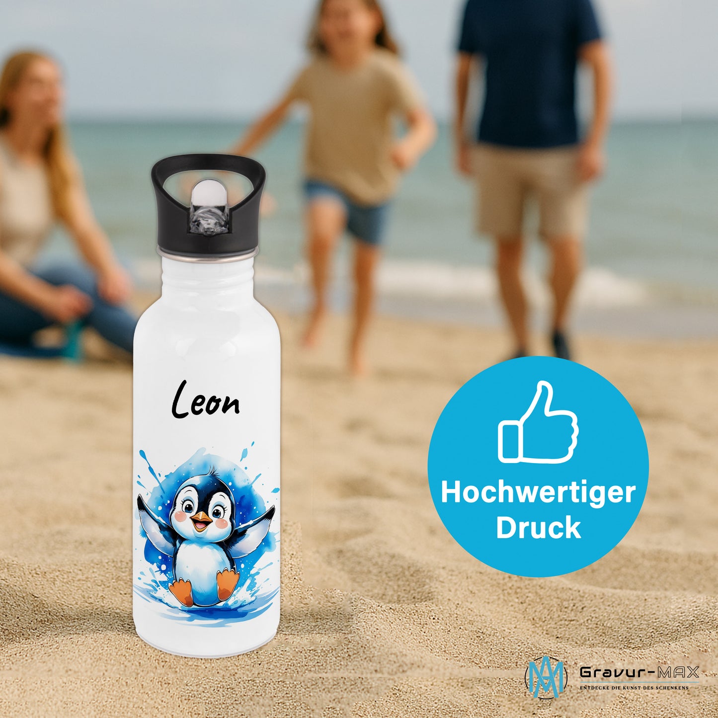 Trinkflasche mit Strohhalm in Weiß 600ml bedruckt mit niedlichen Tieren"Pinguin" personalisierbar für Kinder mit Wunschname aus Edelstahl
