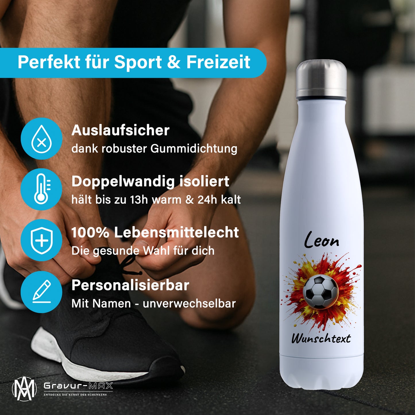 Thermoflasche 500ml in Weiß aus Edelstahl bedruckt "Fußball" Motiv9 personalisierbar mit Wunschname & Text