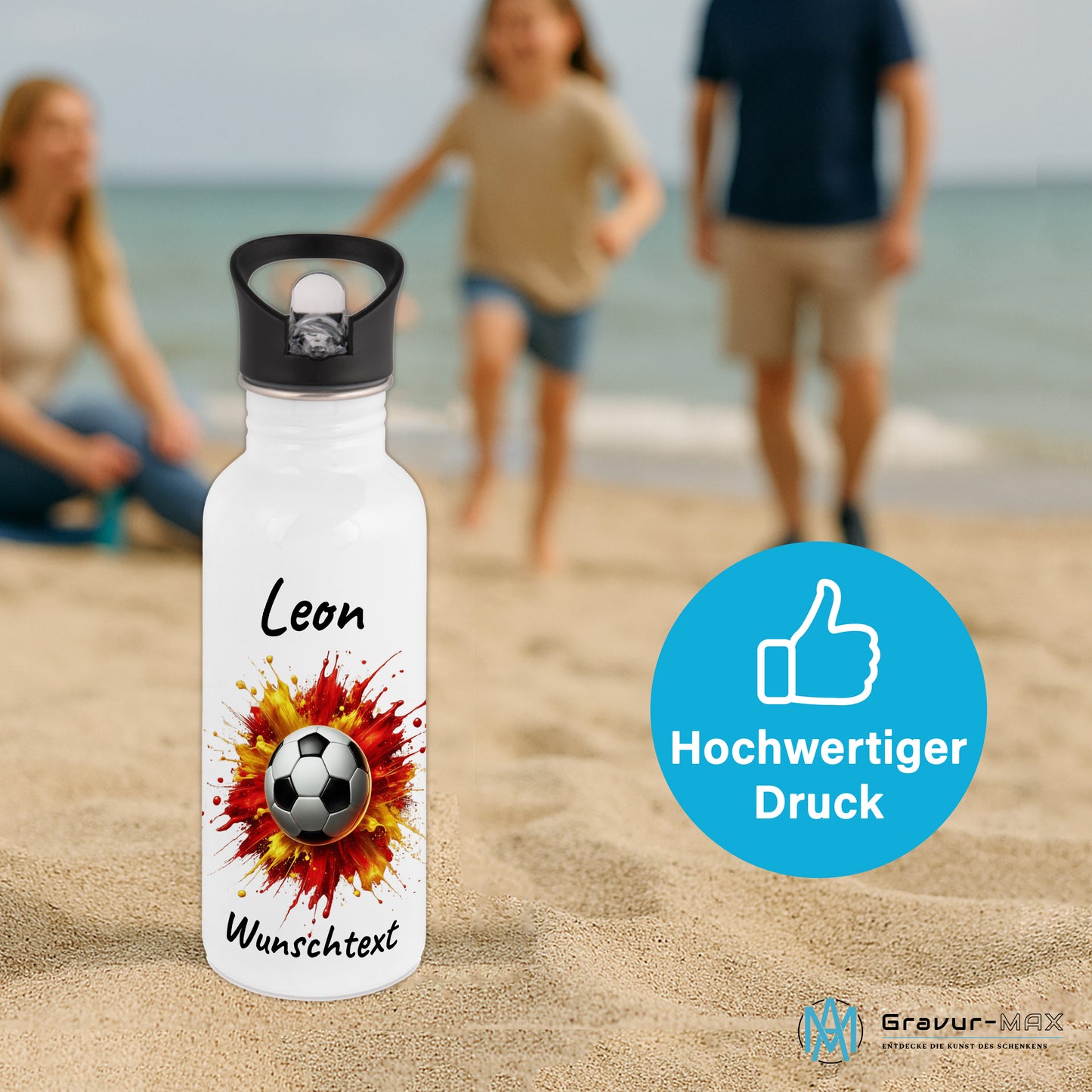 Trinkflasche mit Strohhalm in Weiß 600ml bedruckt mit Fußball Motiven"Motiv9" personalisierbar für Kinder mit Wunschname aus Edelstahl