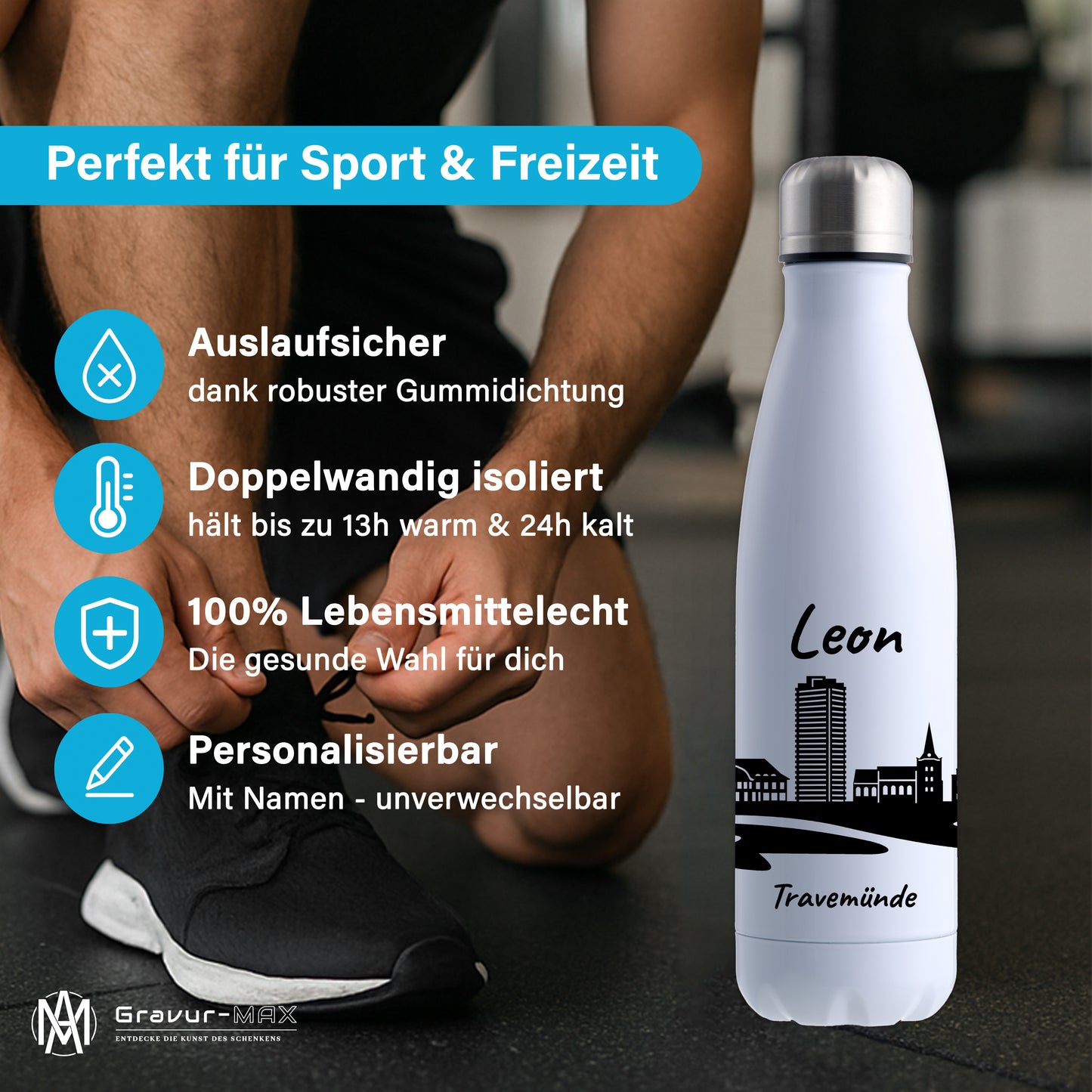 Trinkflasche in Weiß 500ml aus Edelstahl bedruckt mit der Skyline von Travemünde personalisierbar mit Wunschname
