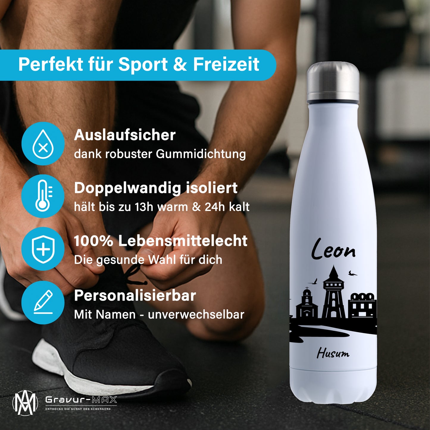 Trinkflasche in Weiß 500ml aus Edelstahl bedruckt mit der Skyline von Husum personalisierbar mit Wunschname