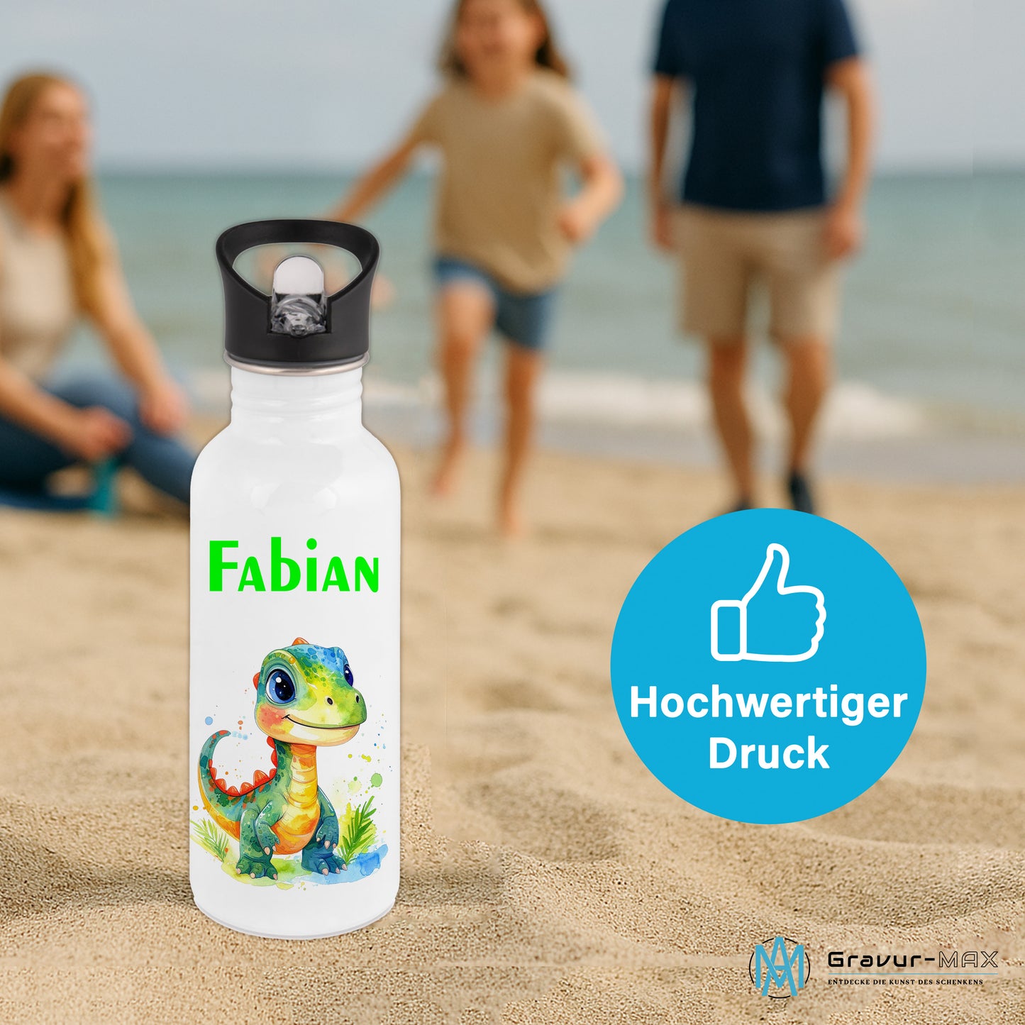 Trinkflasche mit Strohhalm in Weiß 600ml bedruckt mit tollen Motiven für Kinder "Dino Kinder" personalisierbar für Kinder mit Wunschname aus Edelstahl