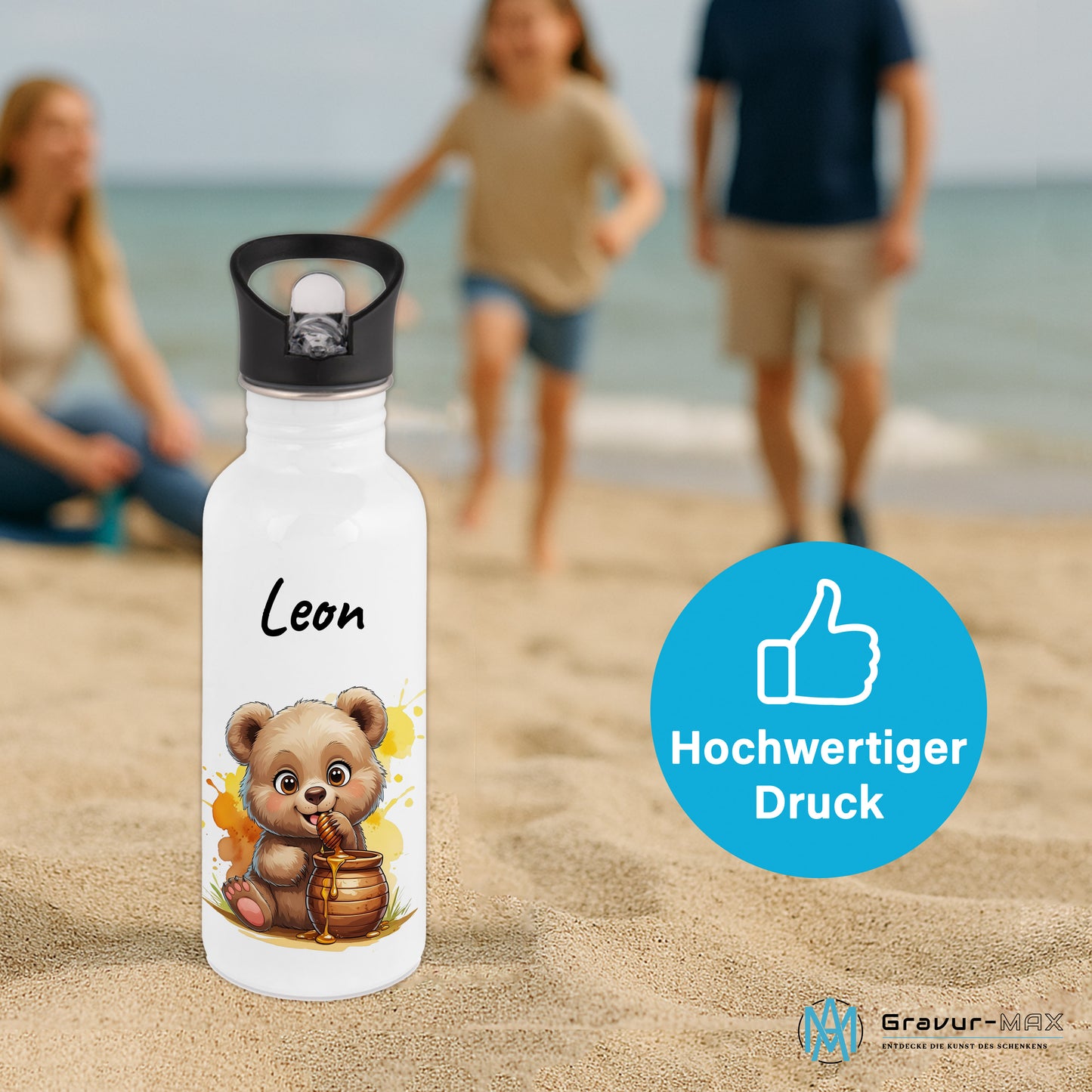 Trinkflasche mit Strohhalm in Weiß 600ml bedruckt mit niedlichen Tieren"Bär" personalisierbar für Kinder mit Wunschname aus Edelstahl