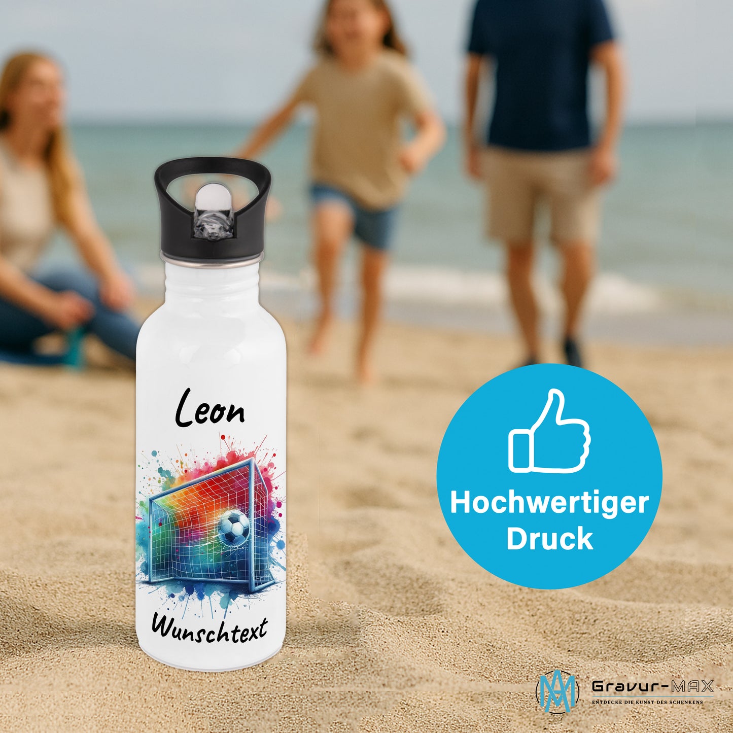 Trinkflasche mit Strohhalm in Weiß 600ml bedruckt mit Fußball Motiven"Motiv5" personalisierbar für Kinder mit Wunschname aus Edelstahl