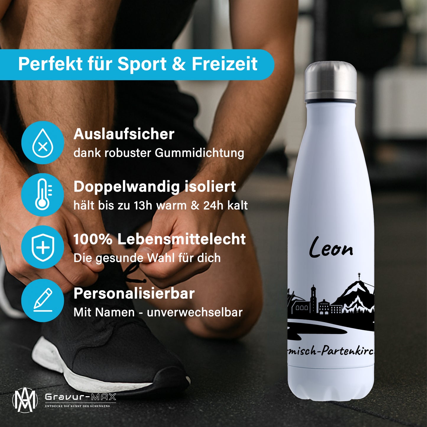 Trinkflasche in Weiß 500ml aus Edelstahl bedruckt mit der Skyline von Garmisch-Partenkirchen personalisierbar mit Wunschname