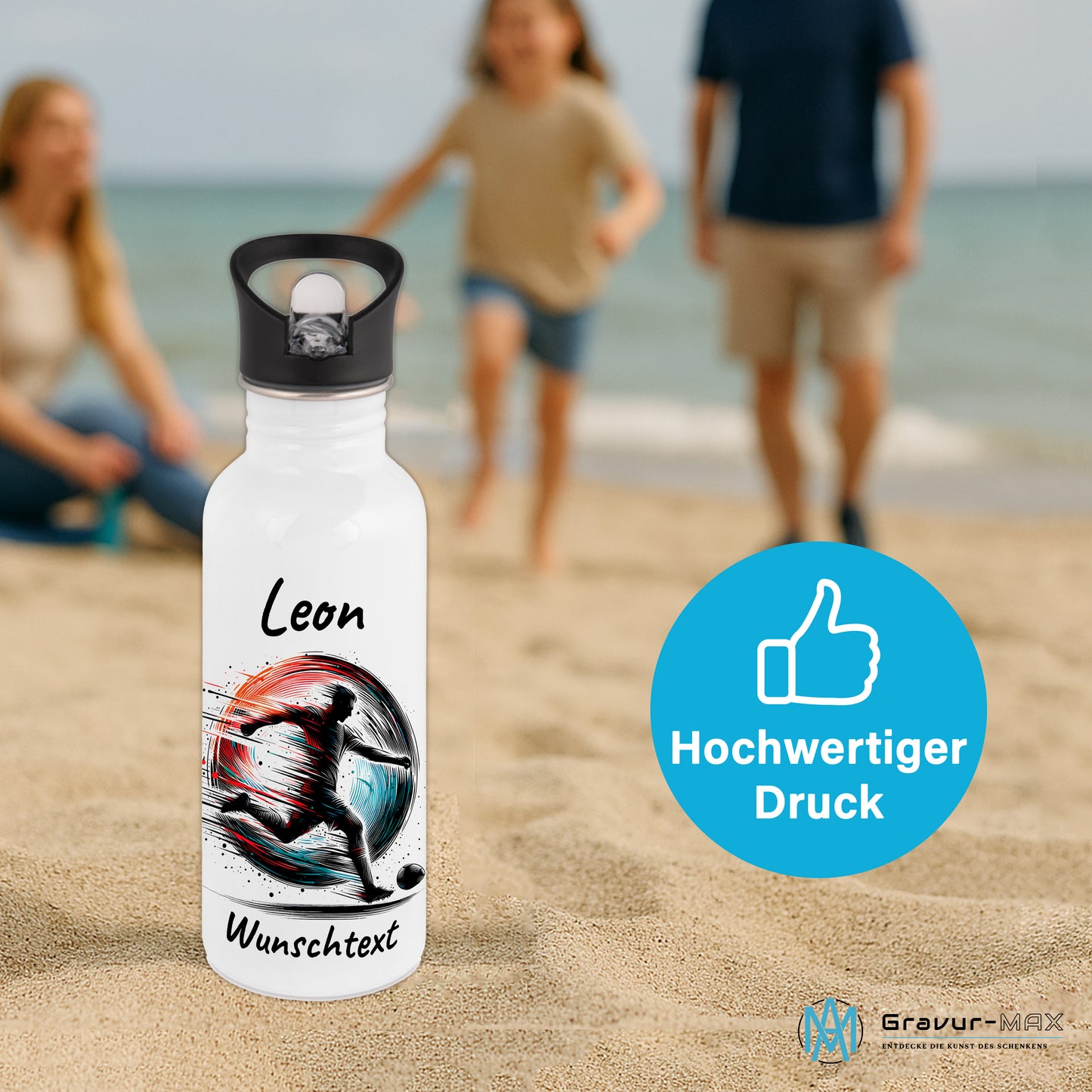 Trinkflasche mit Strohhalm in Weiß 600ml bedruckt mit Fußball Motiven"Motiv3" personalisierbar für Kinder mit Wunschname aus Edelstahl