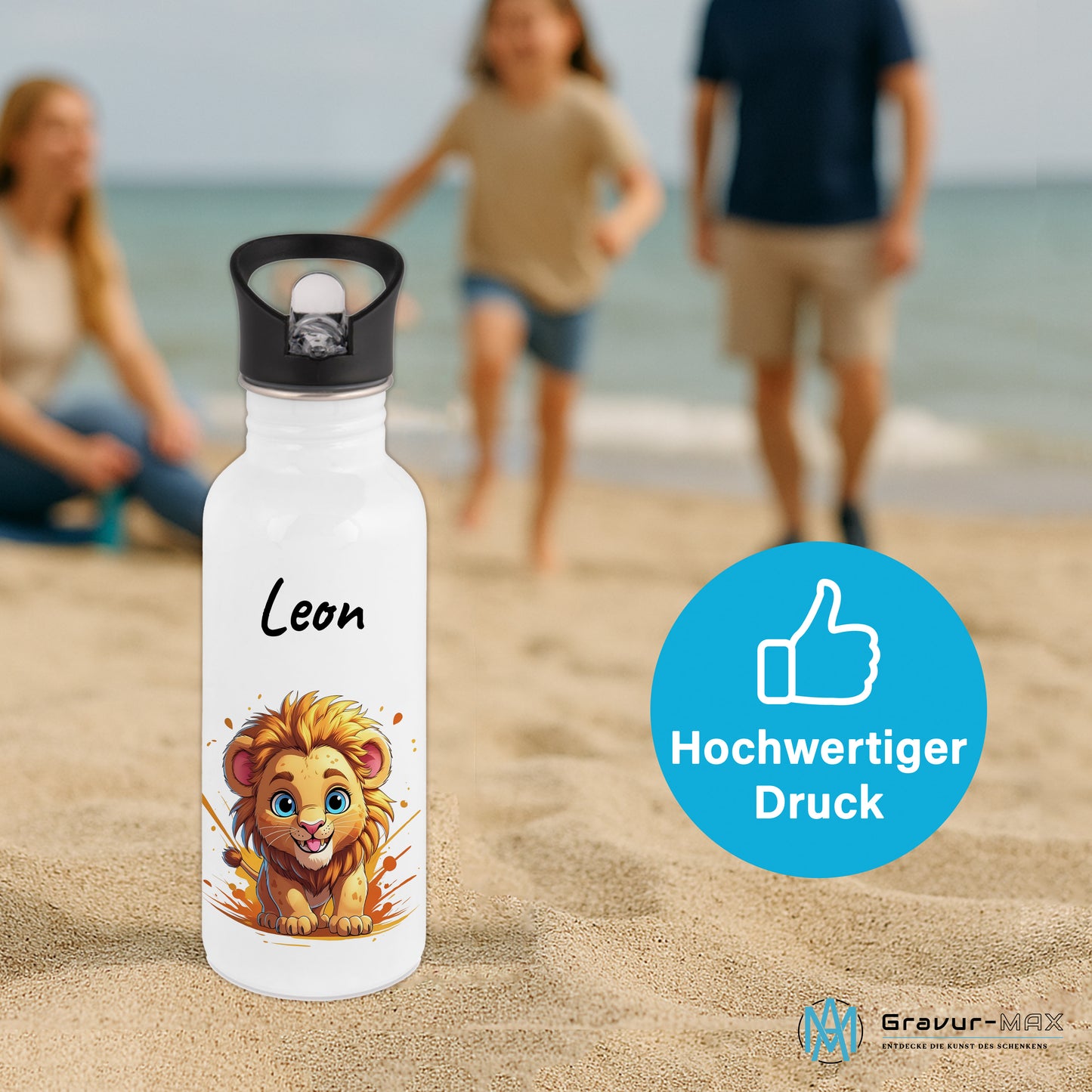 Trinkflasche mit Strohhalm in Weiß 600ml bedruckt mit niedlichen Tieren"Löwe" personalisierbar für Kinder mit Wunschname aus Edelstahl