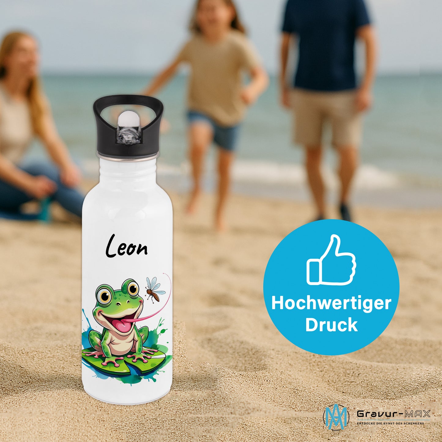 Trinkflasche mit Strohhalm in Weiß 600ml bedruckt mit niedlichen Tieren"Frosch" personalisierbar für Kinder mit Wunschname aus Edelstahl