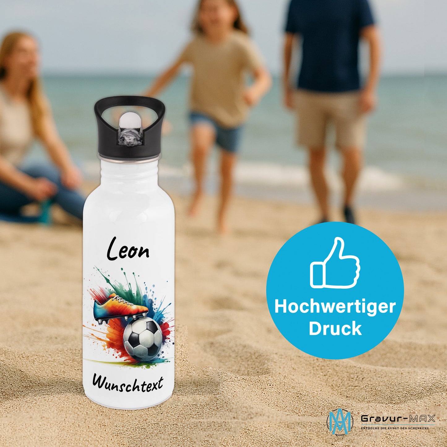 Trinkflasche mit Strohhalm in Weiß 600ml bedruckt mit Fußball Motiven"Motiv6" personalisierbar für Kinder mit Wunschname aus Edelstahl