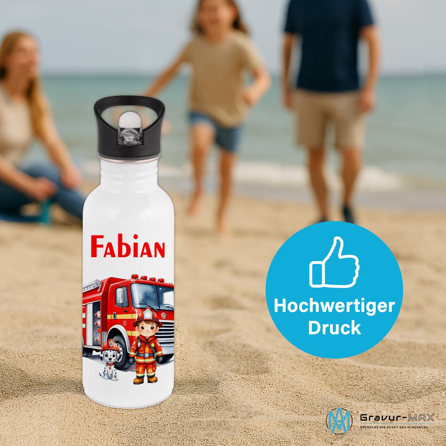 Trinkflasche mit Strohhalm in Weiß 600ml bedruckt mit tollen Motiven für Kinder "Feuerwehr" personalisierbar für Kinder mit Wunschname aus Edelstahl